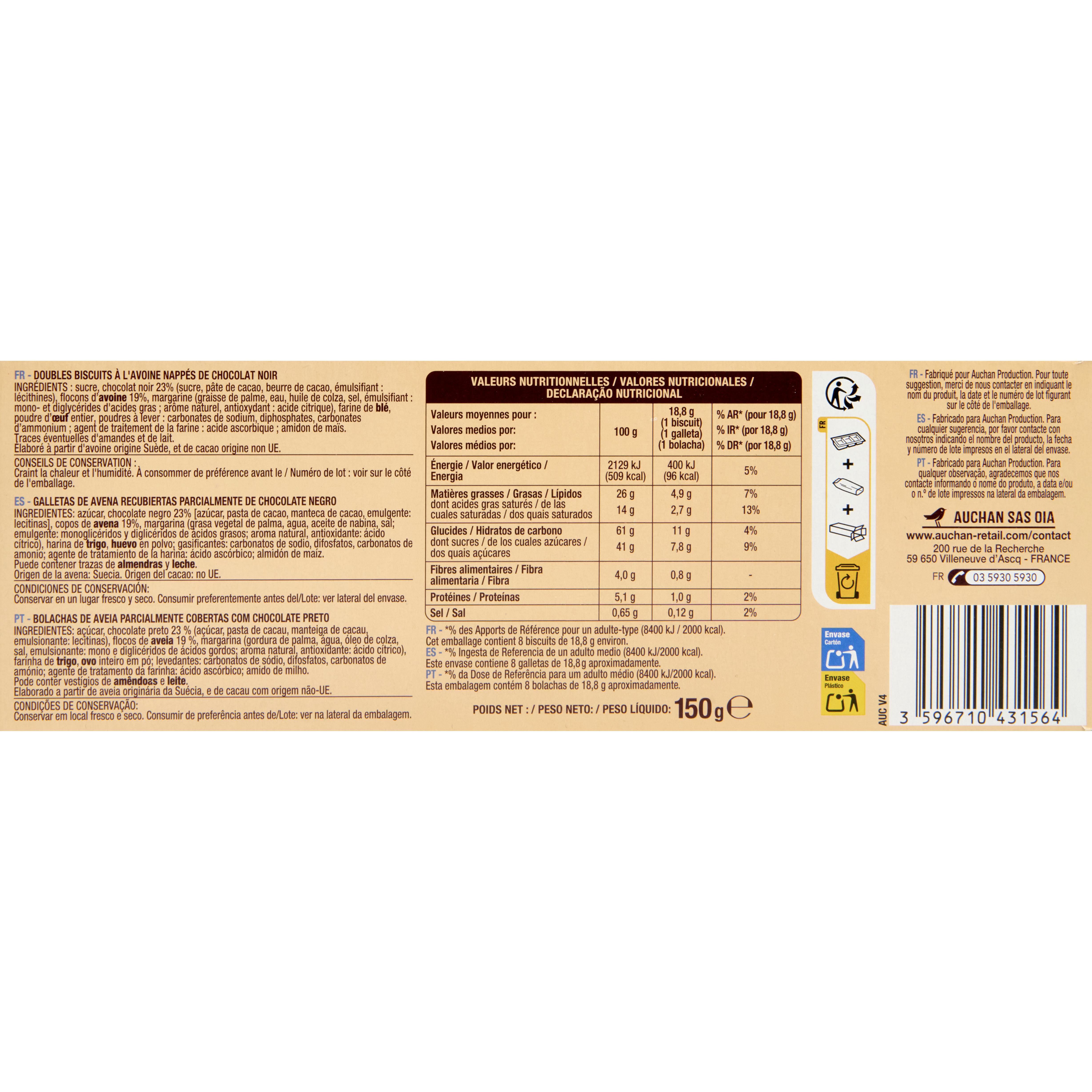 Voir la diapositive 2 : AUCHAN Galettes suédoises aux flocons d'avoine et chocolat 8 biscuits 150g