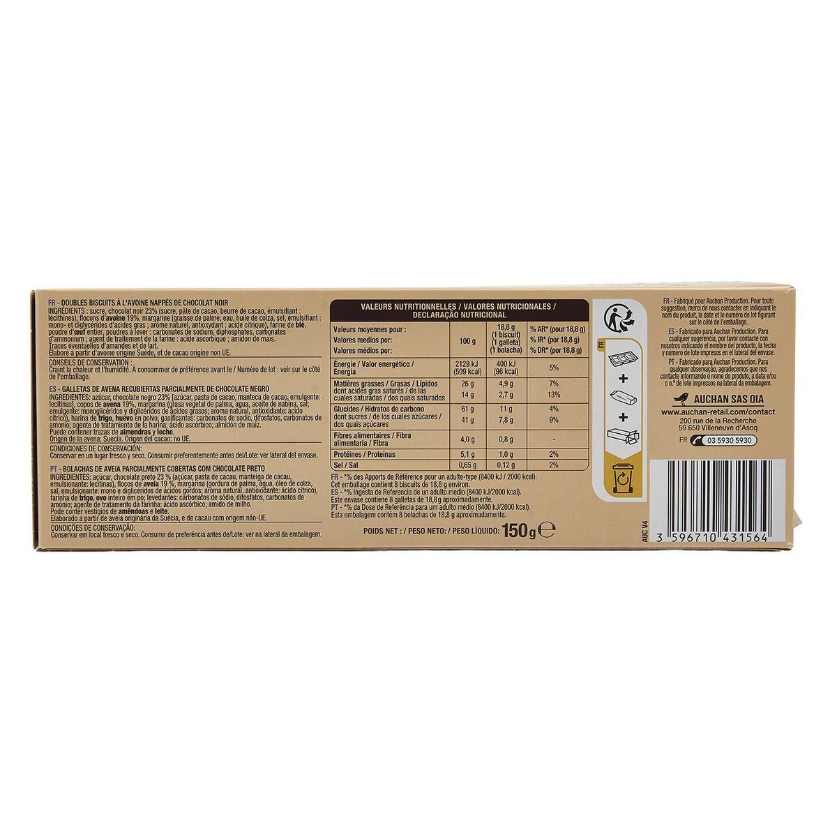 AUCHAN Galettes suédoises aux flocons d'avoine et chocolat 8 biscuits 150g