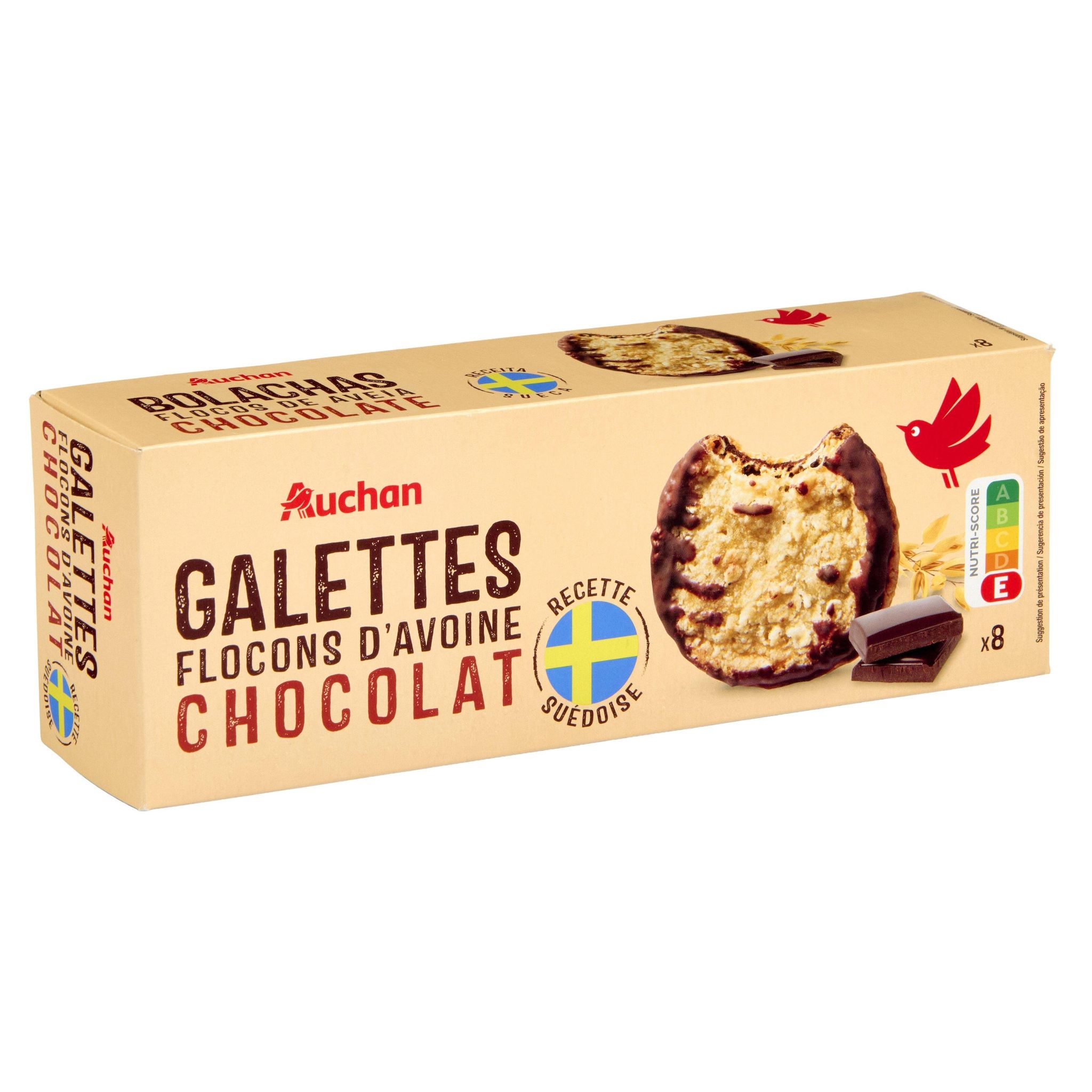 Voir la diapositive 2 : AUCHAN Galettes suédoises aux flocons d'avoine et chocolat 8 biscuits 150g
