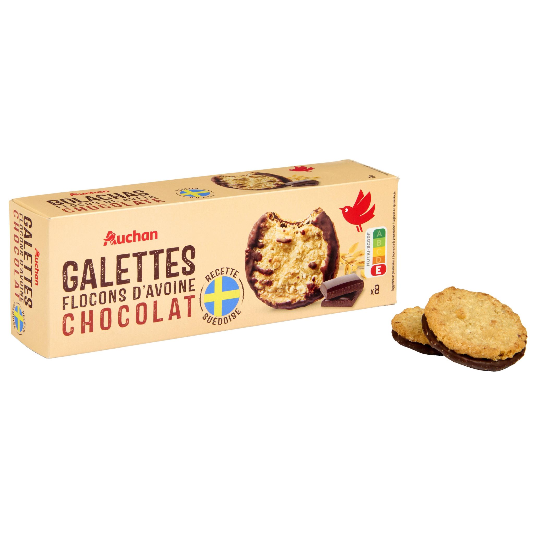 Voir la diapositive 4 : AUCHAN Galettes suédoises aux flocons d'avoine et chocolat 8 biscuits 150g