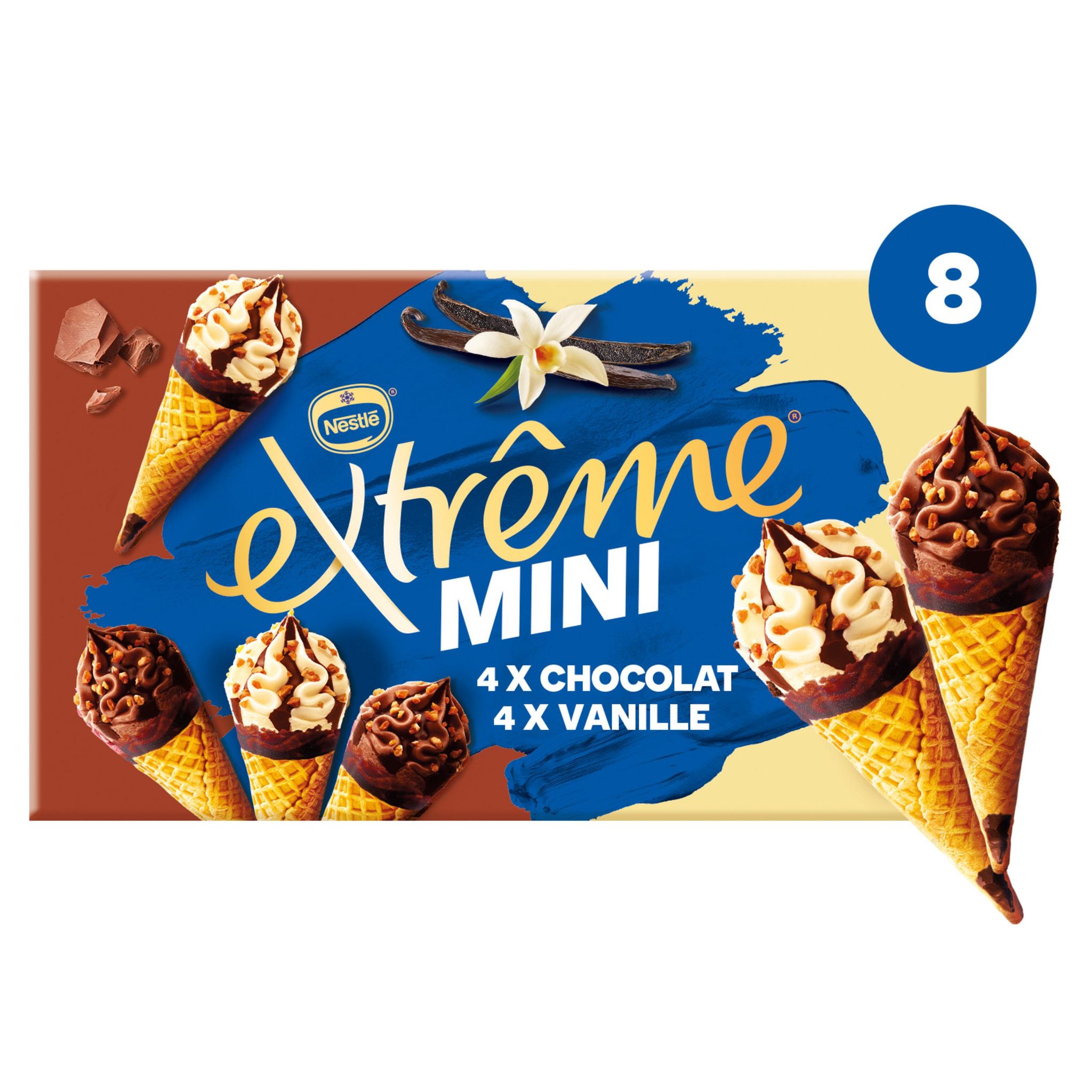 Voir la diapositive 2 : EXTREME Mini cônes glacés vanille et chocolat aux pépites de nougatine 8 pièces 312g