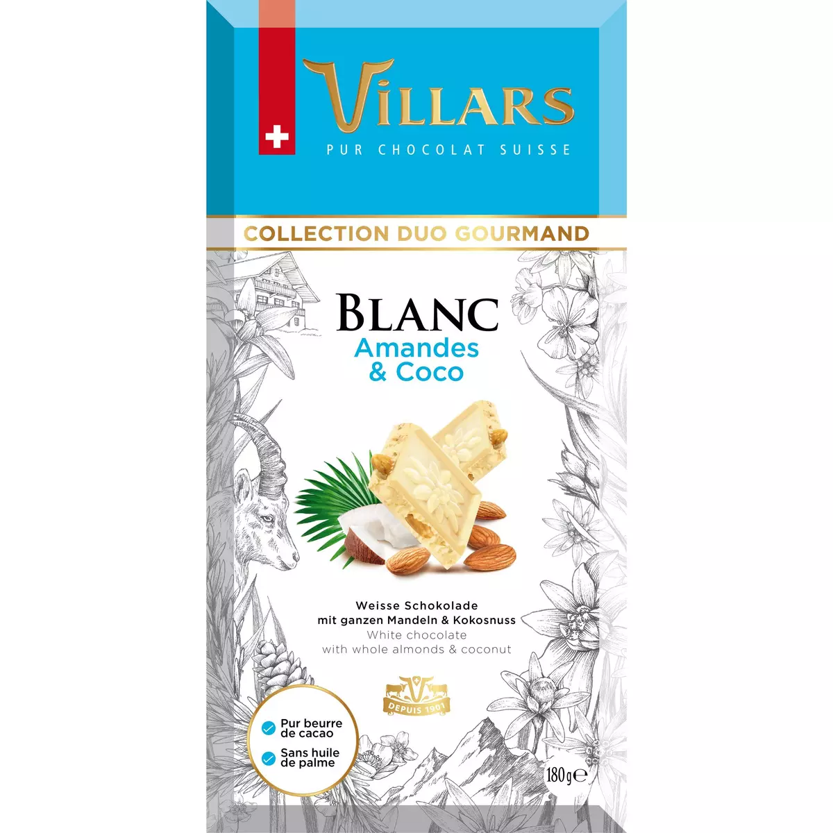 VILLARS Tablette de chocolat blanc amandes et coco 180g