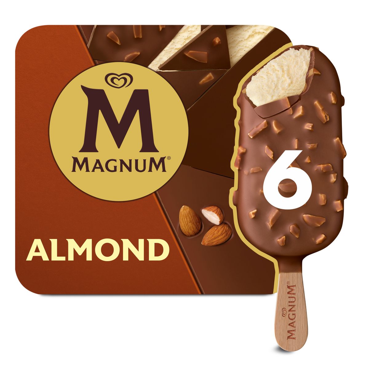 MAGNUM Bâtonnet glacé à la vanille enrobé de chocolat aux amandes 6 pièces 490g
