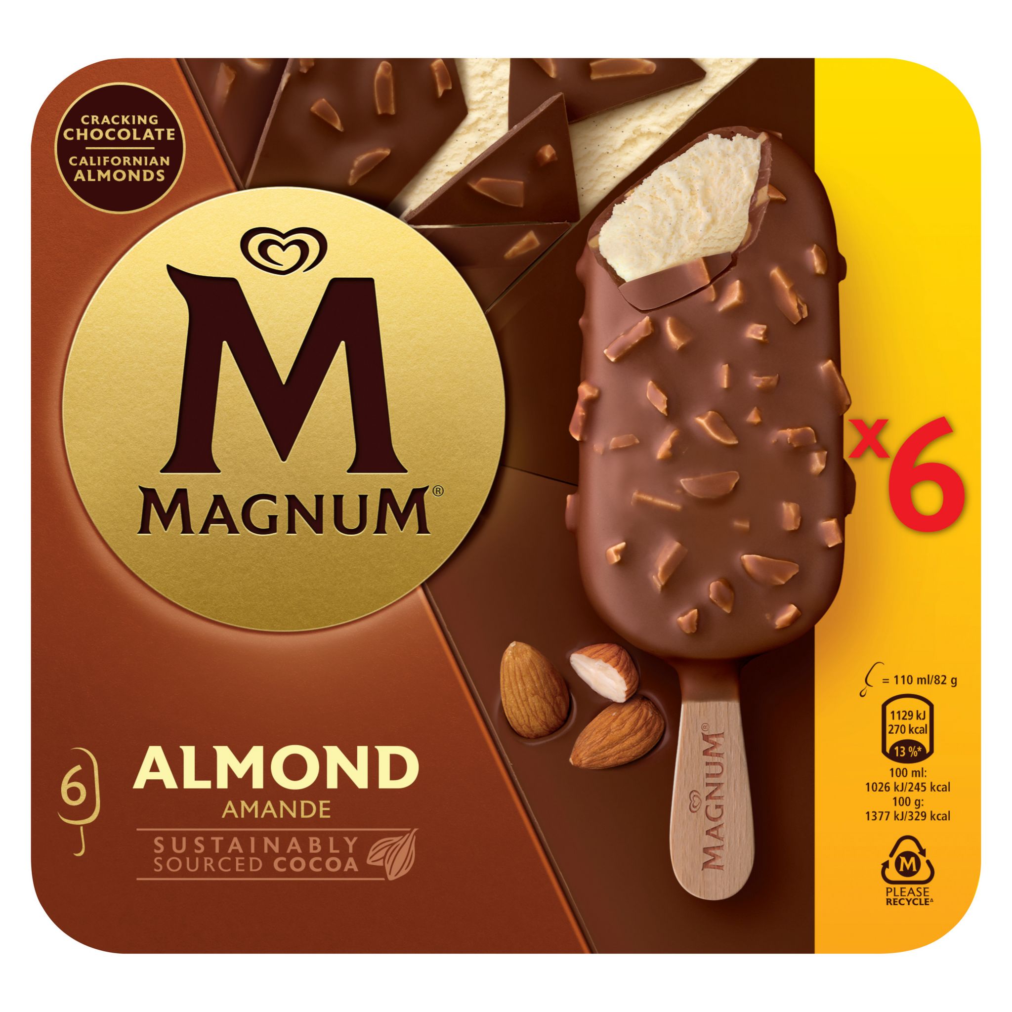 Voir la diapositive 2 : MAGNUM Bâtonnet glacé à la vanille enrobé de chocolat aux amandes 6 pièces 490g