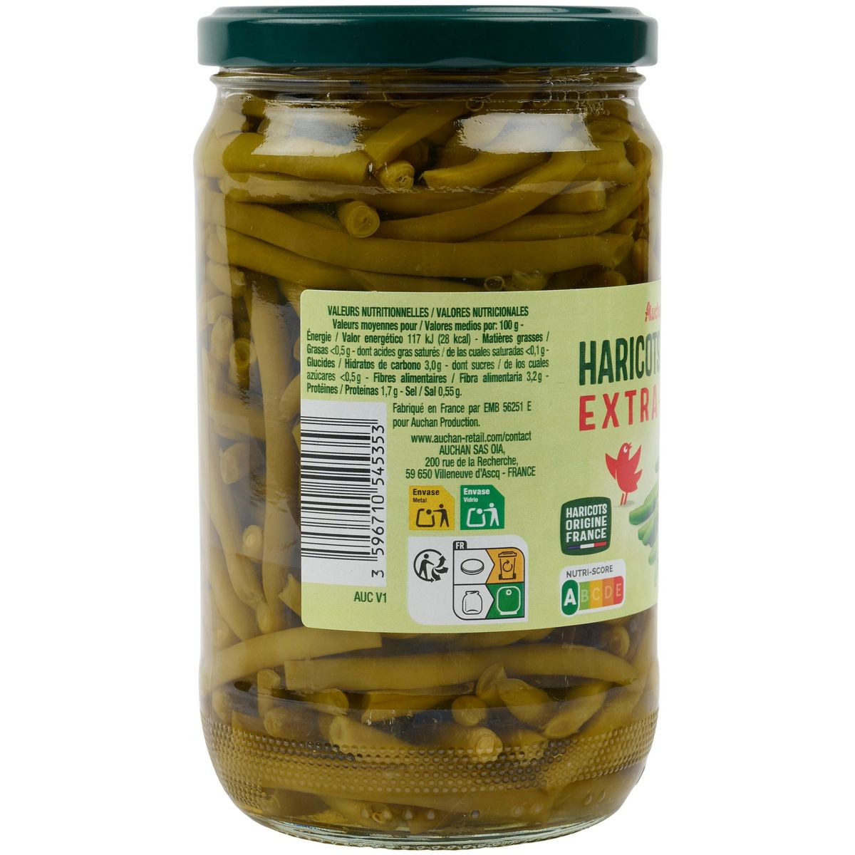 AUCHAN Haricots verts extra fins en bocal 660g