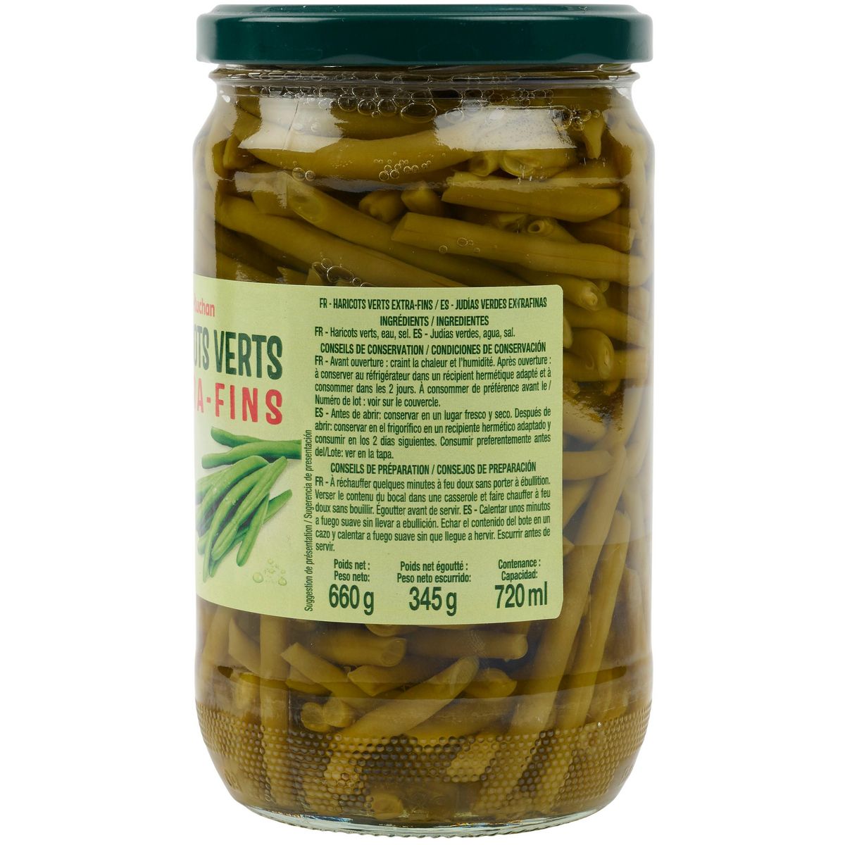 AUCHAN Haricots verts extra fins en bocal 660g