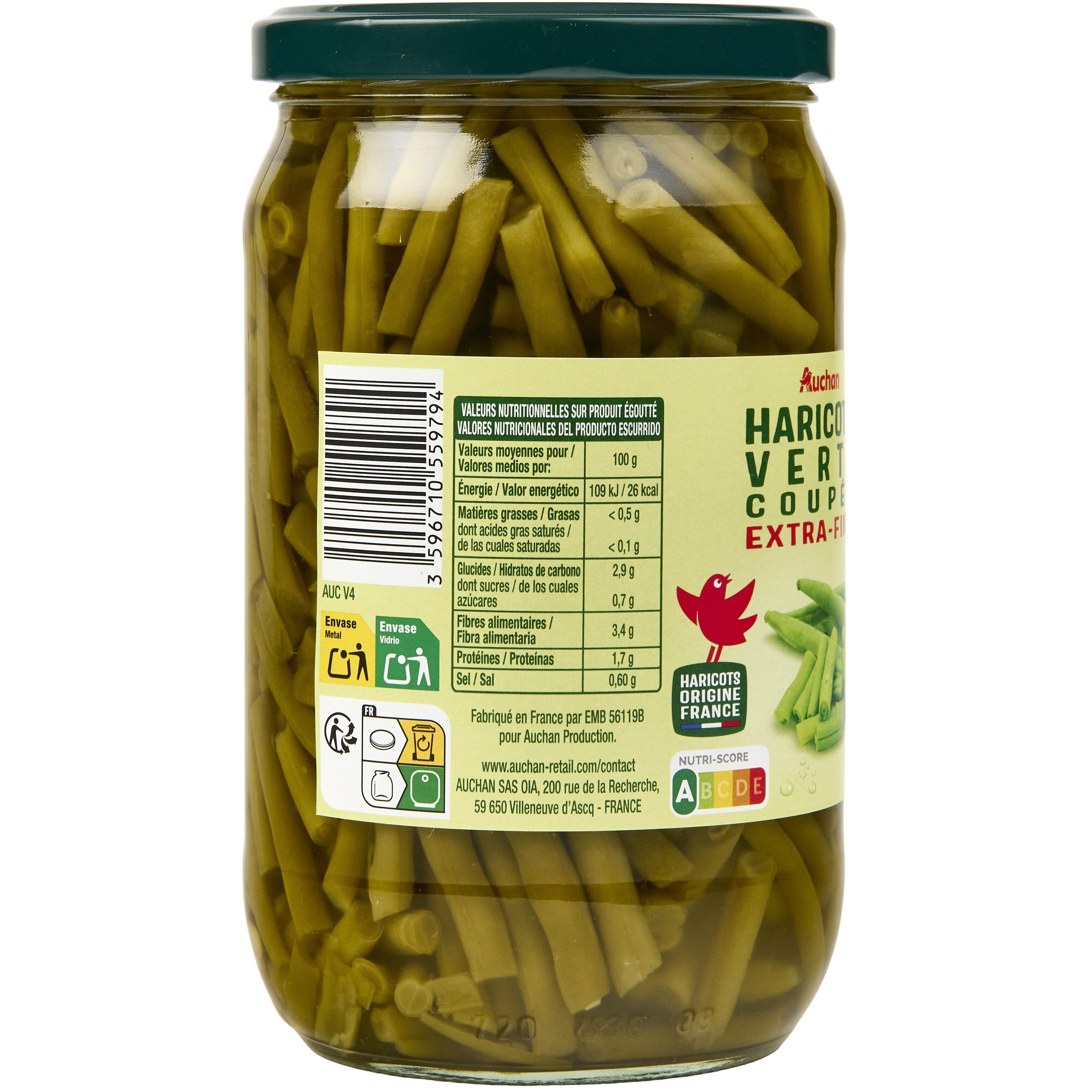 Voir la diapositive 4 : AUCHAN Haricots verts extra fins en bocal 660g