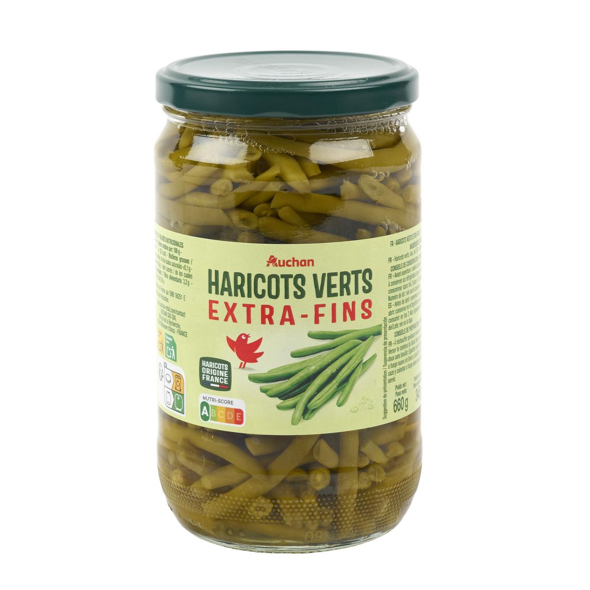 AUCHAN Haricots verts extra fins en bocal 660g