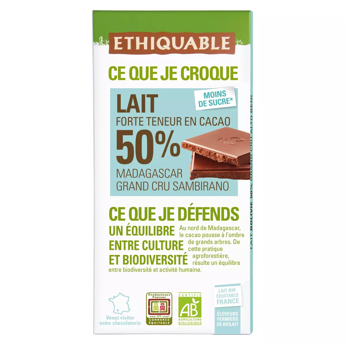 ETHIQUABLE Tablette de chocolat au lait bio de Madagascar 50% 1 pièce 100g