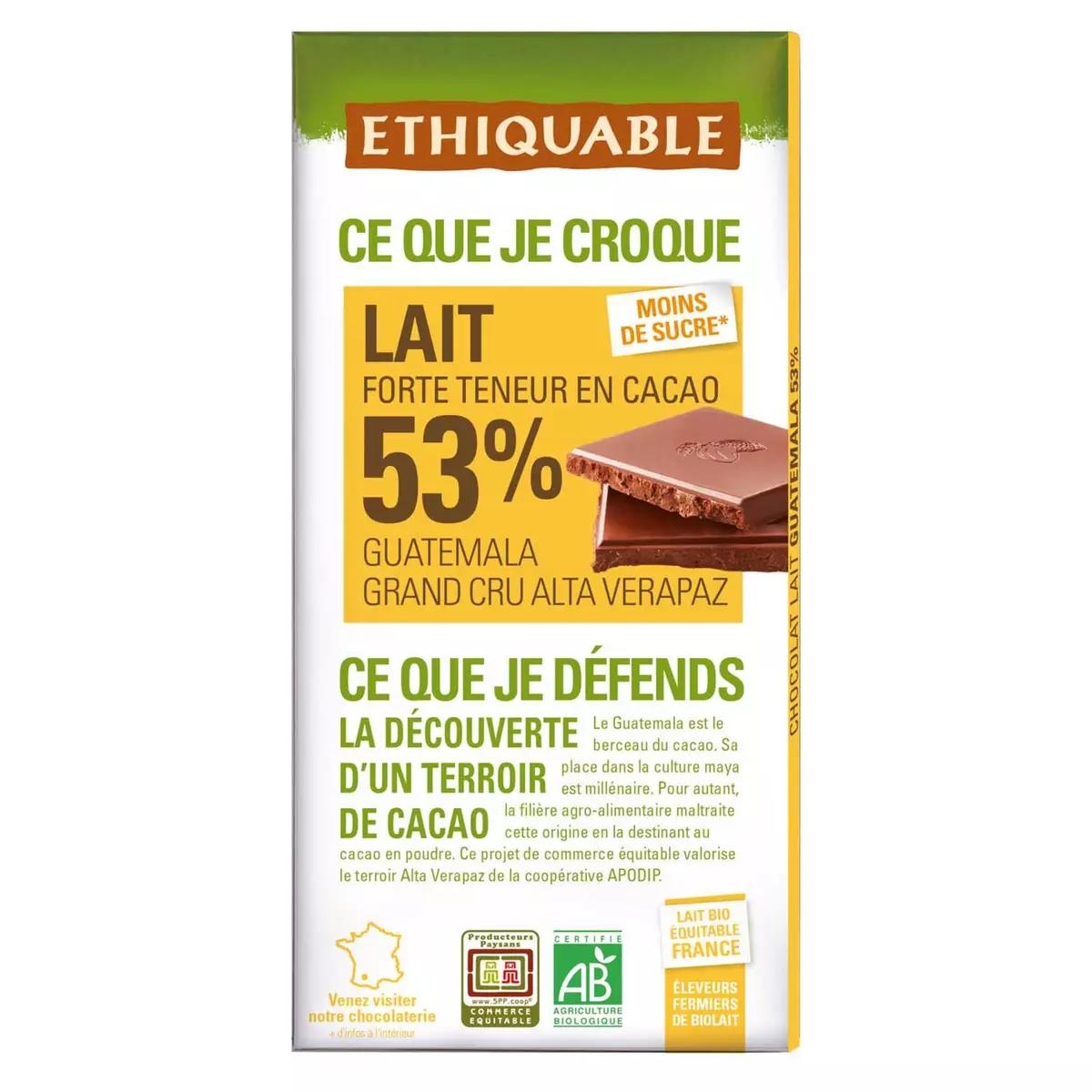 ETHIQUABLE Tablette de chocolat au lait bio de l'Equateur 53% 1 pièce 100g