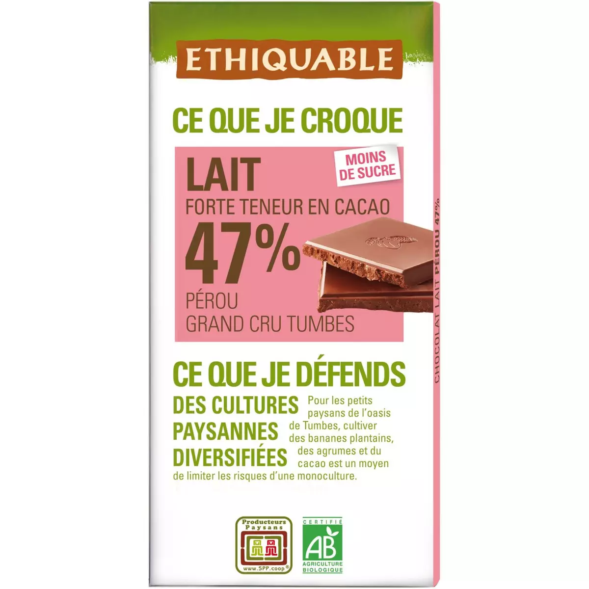 ETHIQUABLE Tablette de chocolat au lait 47% cacao bio 100g