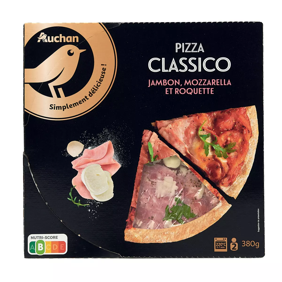 AUCHAN GOURMET Pizza classico jambon, mozzarella et roquette 380g