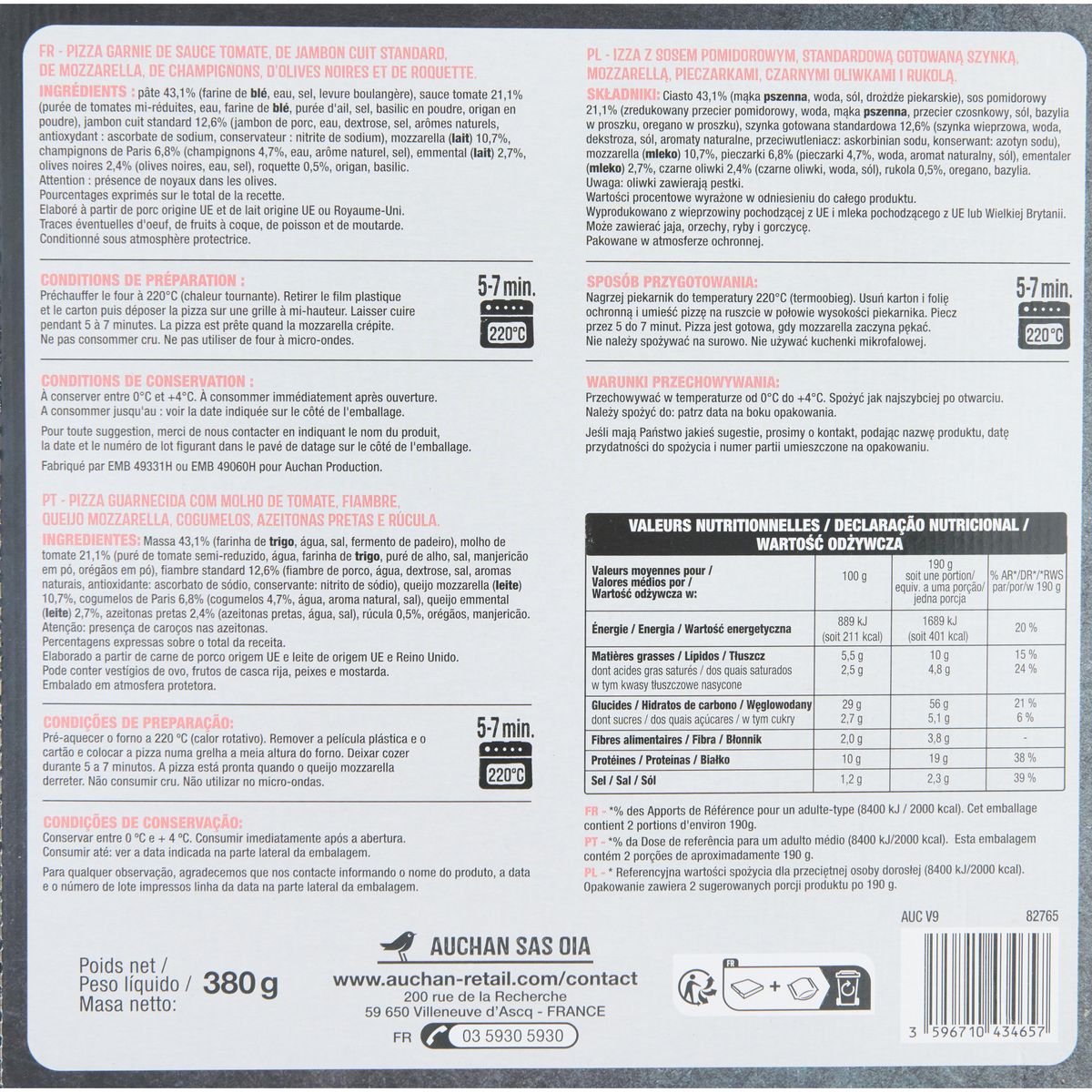 AUCHAN Pizza regina jambon mozzarella et champignons 380g