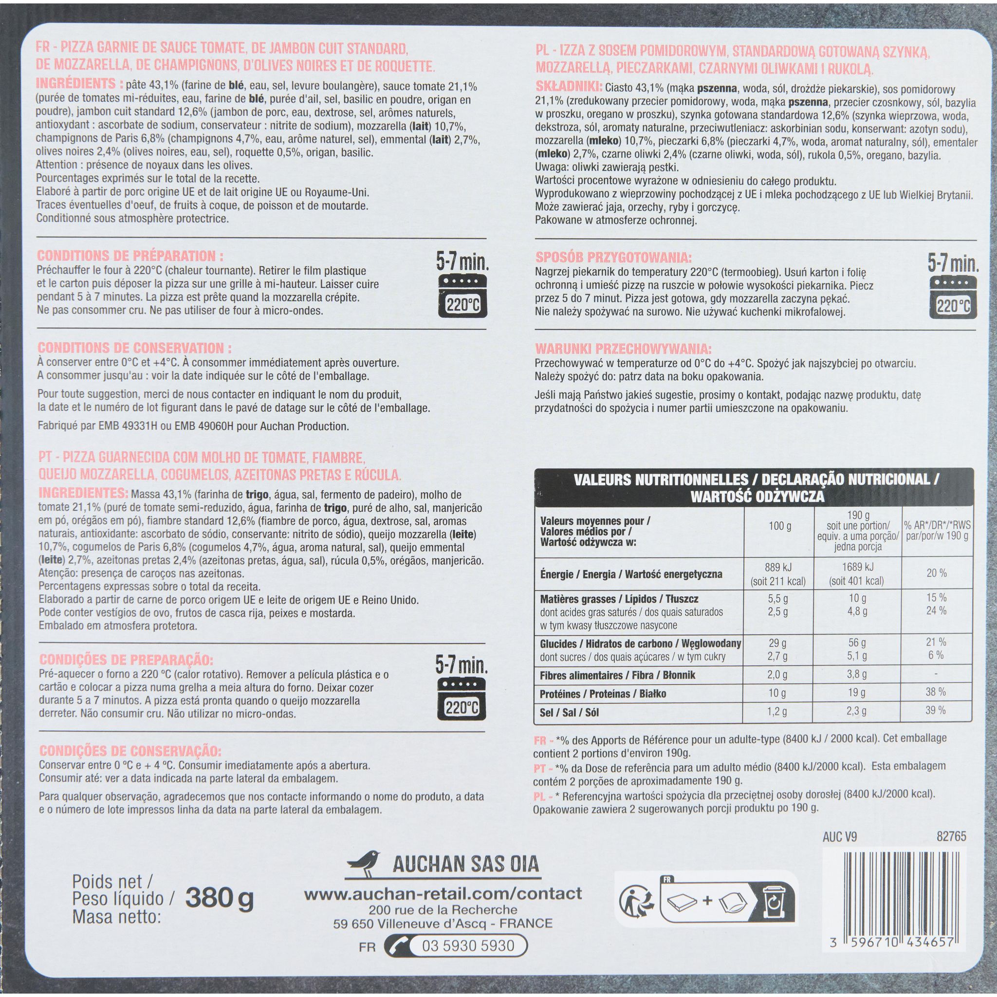 Voir la diapositive 3 : AUCHAN Pizza regina jambon mozzarella et champignons 380g
