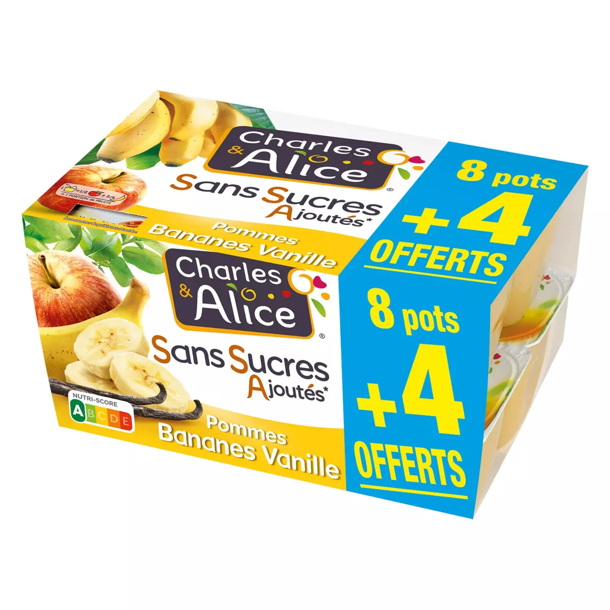 CHARLES & ALICE Spécialité de pommes bananes vanille sans sucres ajoutés 8+4 offerts 12x97g