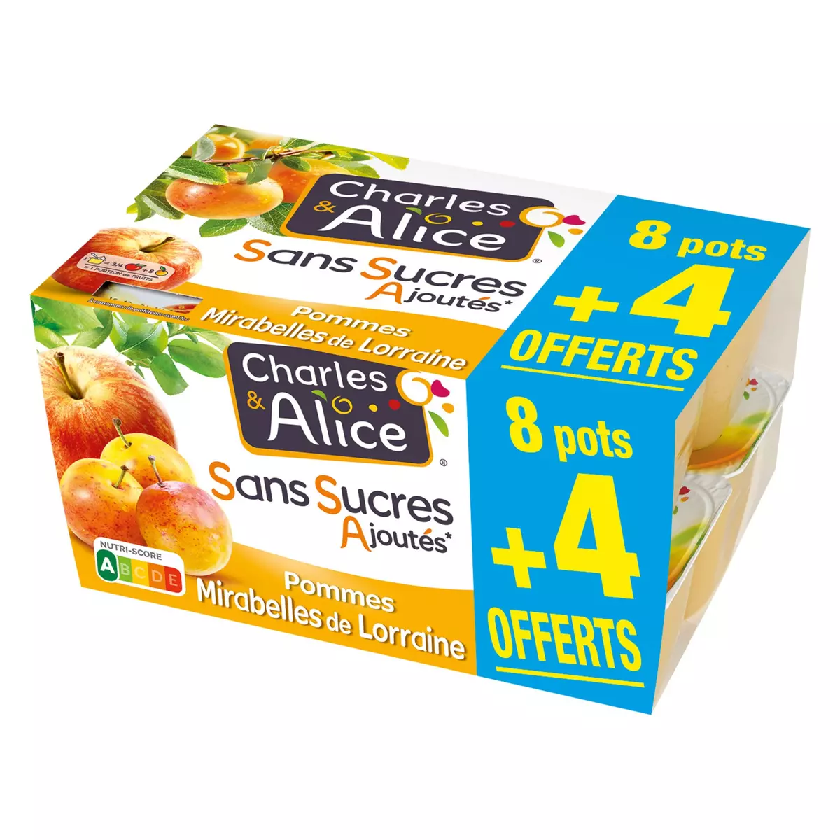 CHARLES & ALICE Spécialité pommes mirabelles sans sucres ajoutés 8+4 offerts 12x100g