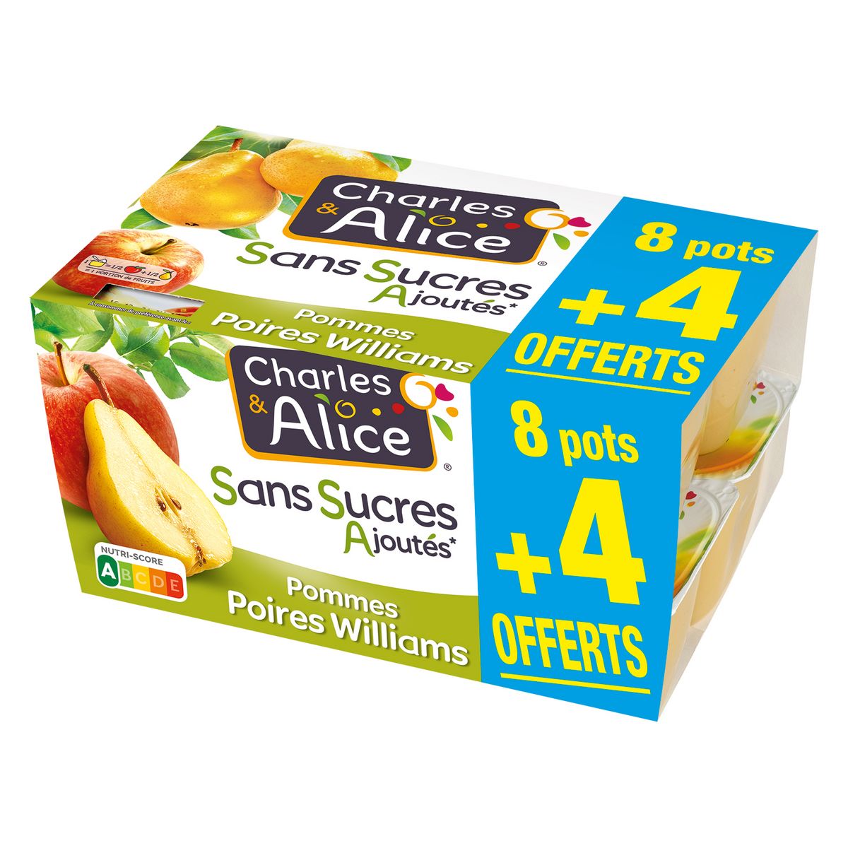CHARLES & ALICE Spécialité pommes poires Williams sans sucres ajoutés 8+4 offerts 12x100g