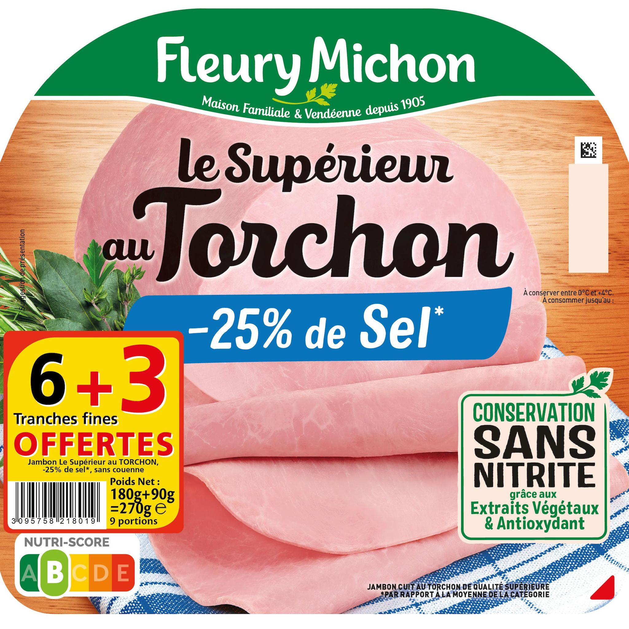 FLEURY MICHON Jambon cuit au torchon tranches fines réduit en sel 6 tranches + 3 offertes 270g