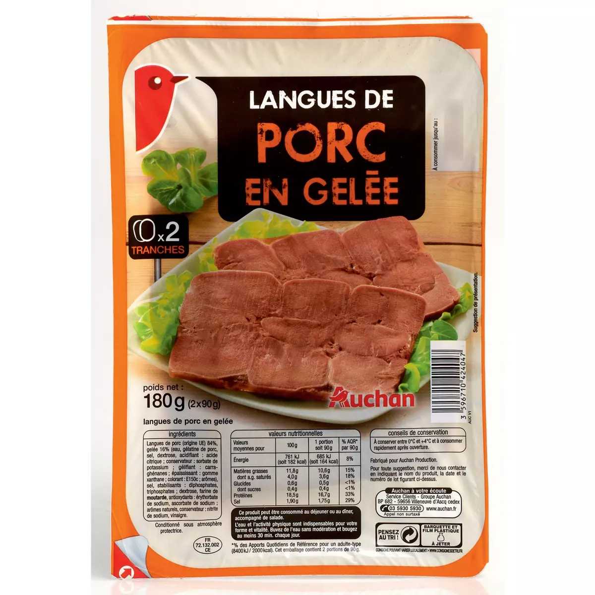 AUCHAN Langue de porc en gelée 2 tranches 180g