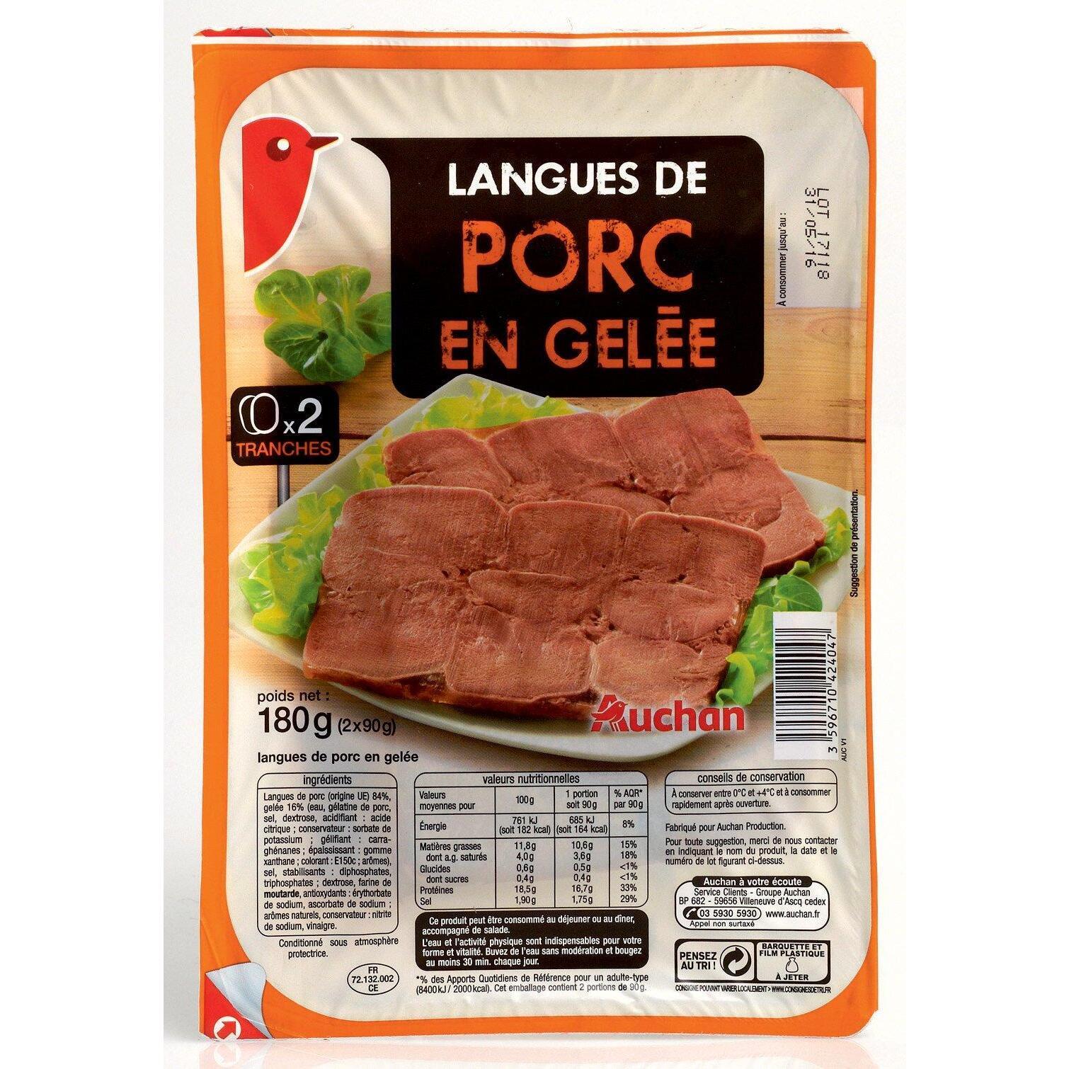 Voir la diapositive 2 : AUCHAN Langue de porc en gelée 2 tranches 180g