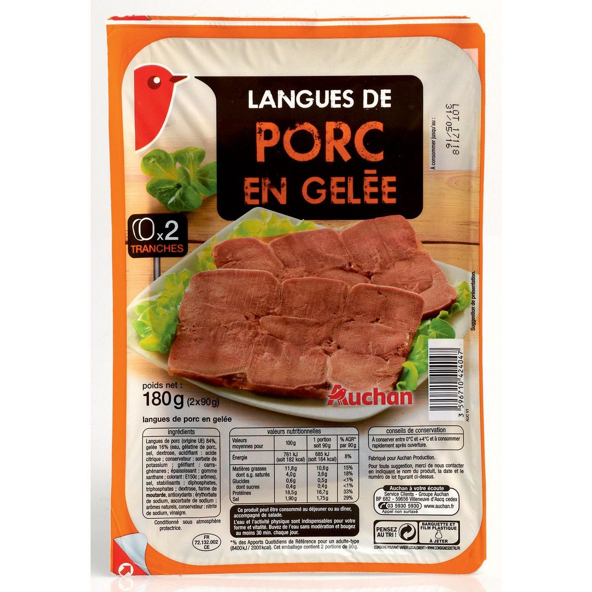 AUCHAN Langue de porc en gelée 2 tranches 180g