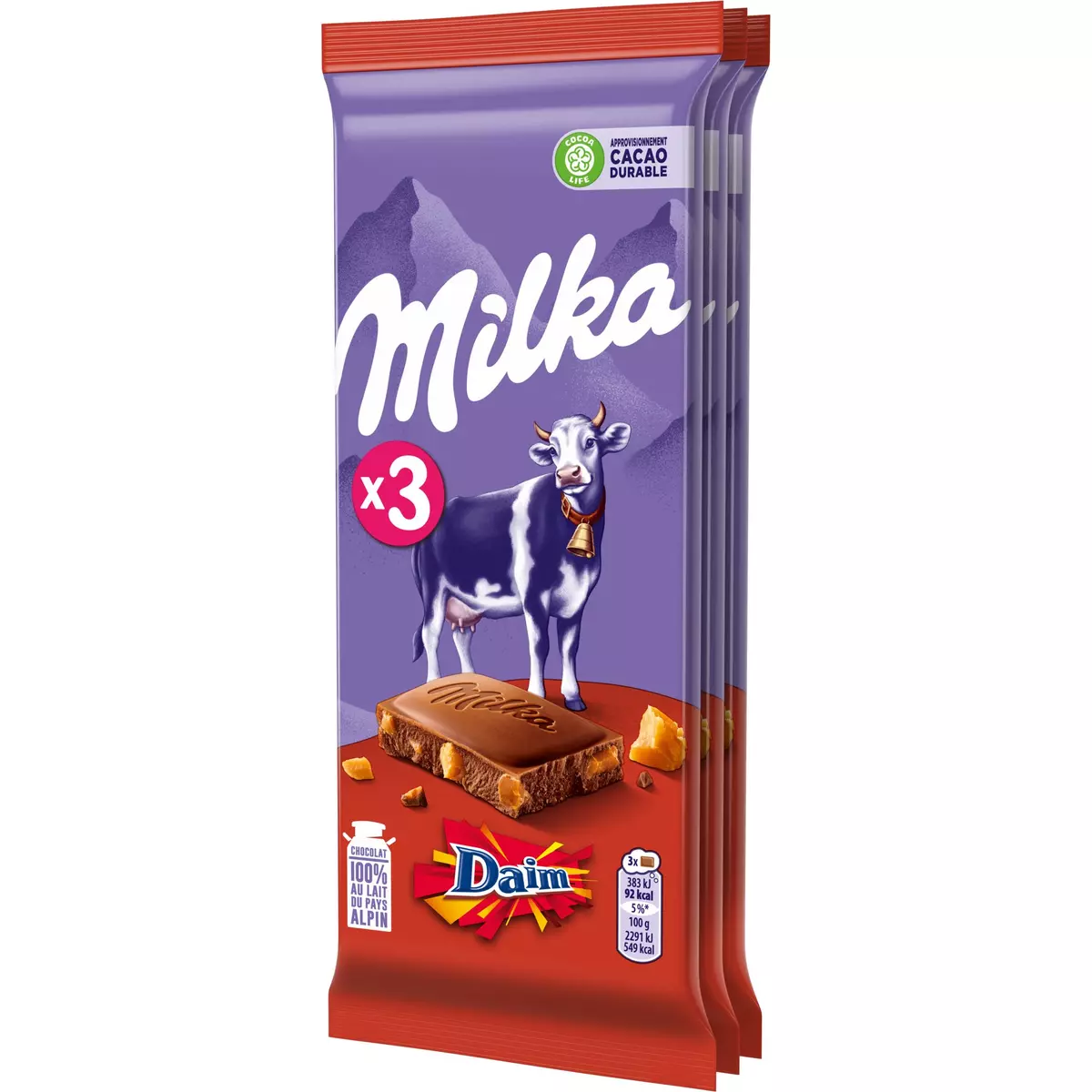 Tablette chocolat au lait daim Milka x3 - 100g
