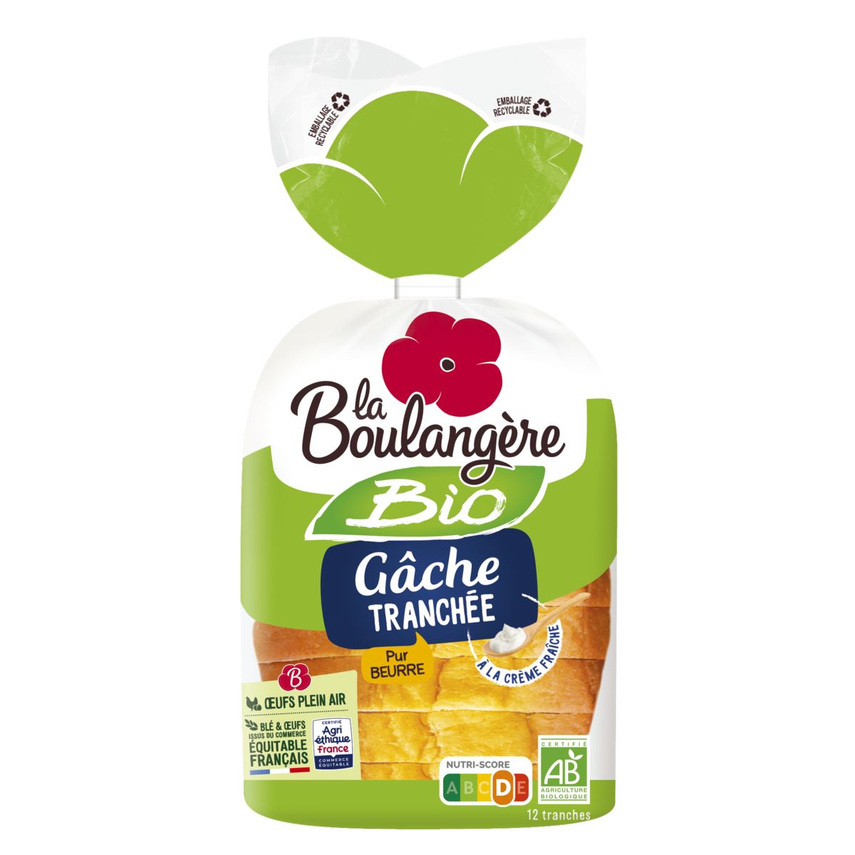 LA BOULANGERE Gâche tranchée pur beurre à la crème fraîche bio 12 tranches 400g