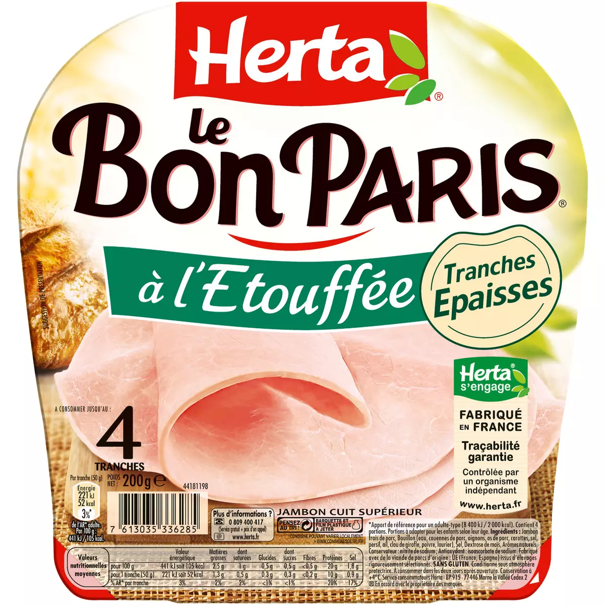 HERTA Le Bon Paris jambon cuit à l'étouffée 4 tranches épaisses 200g