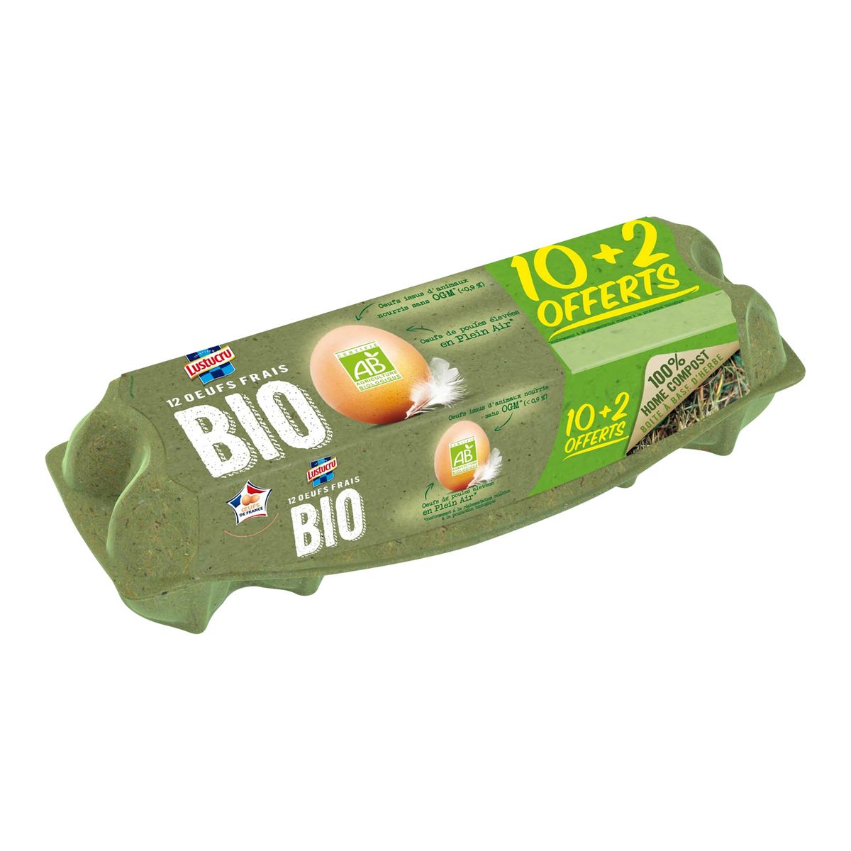 LUSTUCRU Oeufs bio de poules élevées en plein air 10 oeufs + 2 offerts