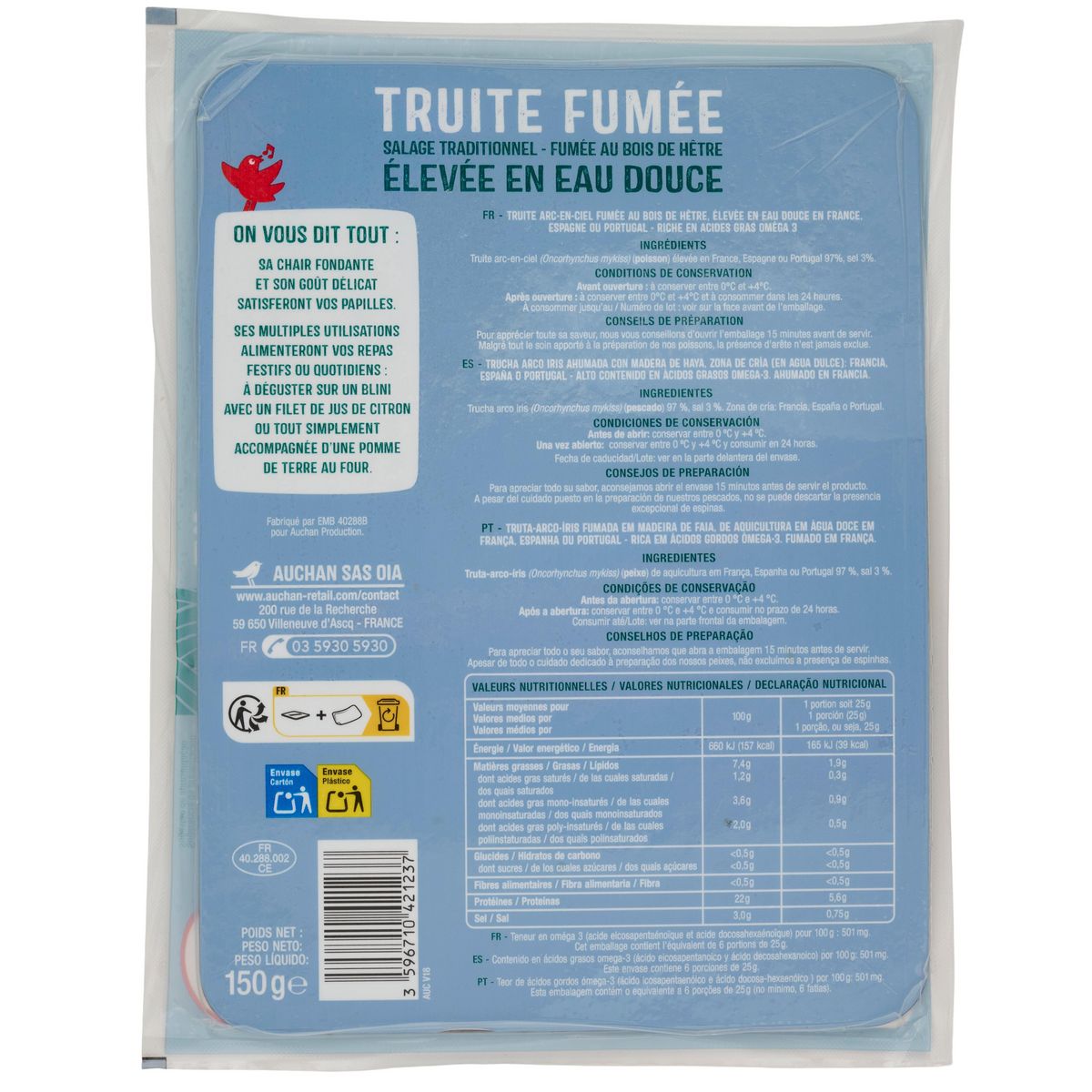 AUCHAN Truite fumée 6 tranches 150g