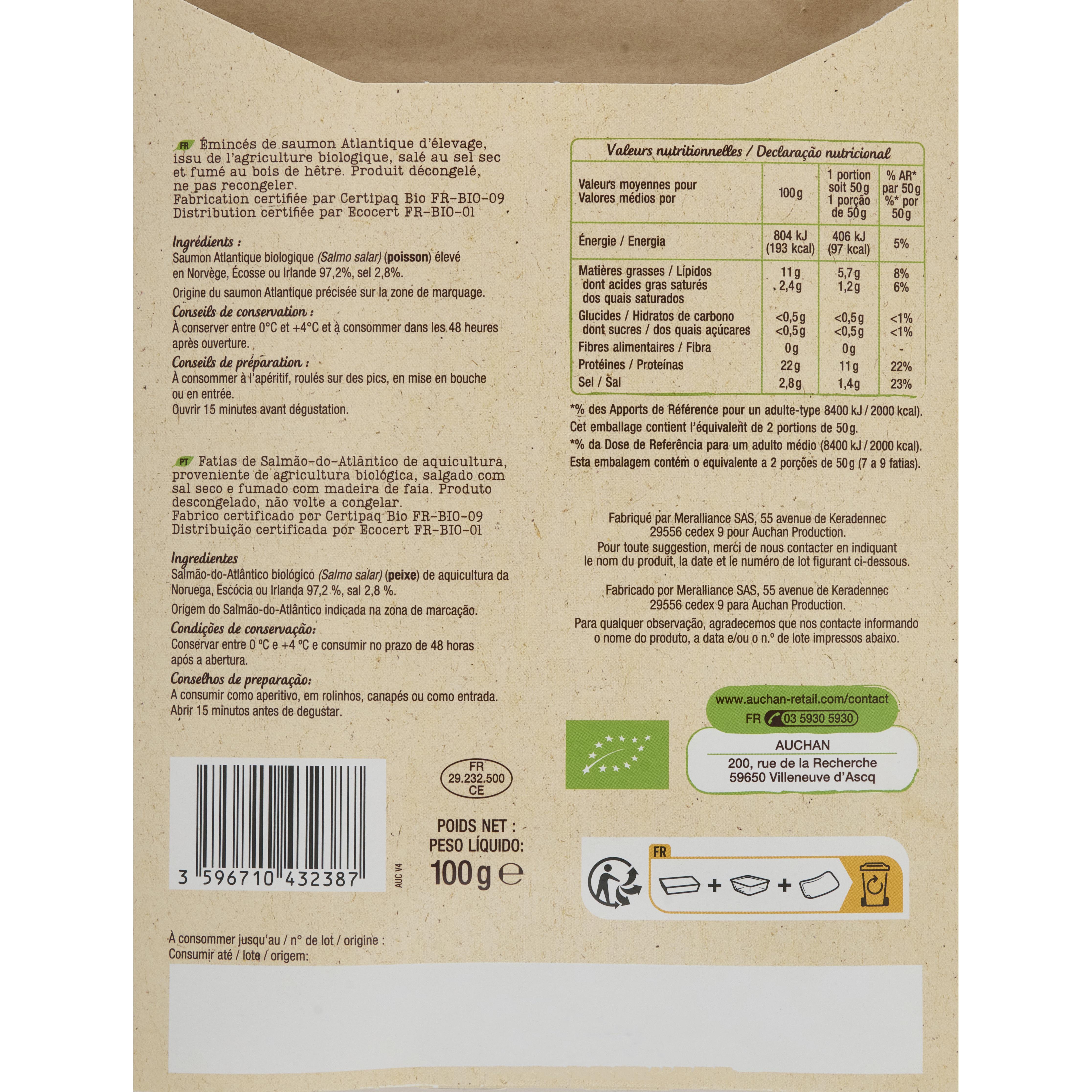 Voir la diapositive 2 : AUCHAN BIO Émincés de saumon fumé au bois de hêtre 7/9 pièces 100g