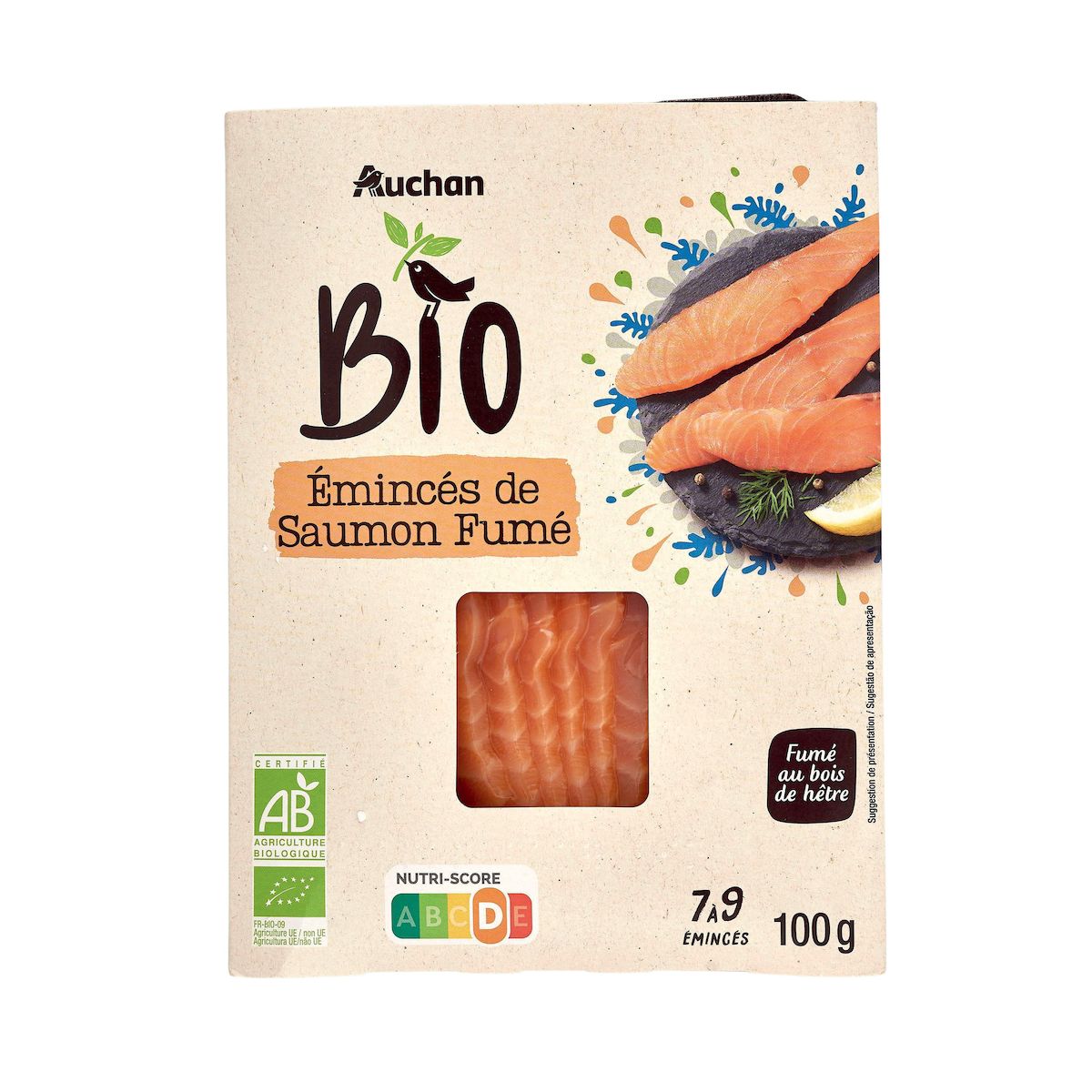 AUCHAN BIO Émincés de saumon fumé au bois de hêtre 7/9 pièces 100g