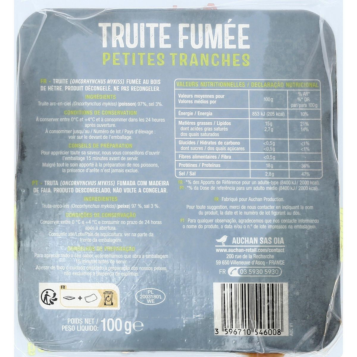 AUCHAN Les mini tranches de Truite fumée 6 tranches 100g