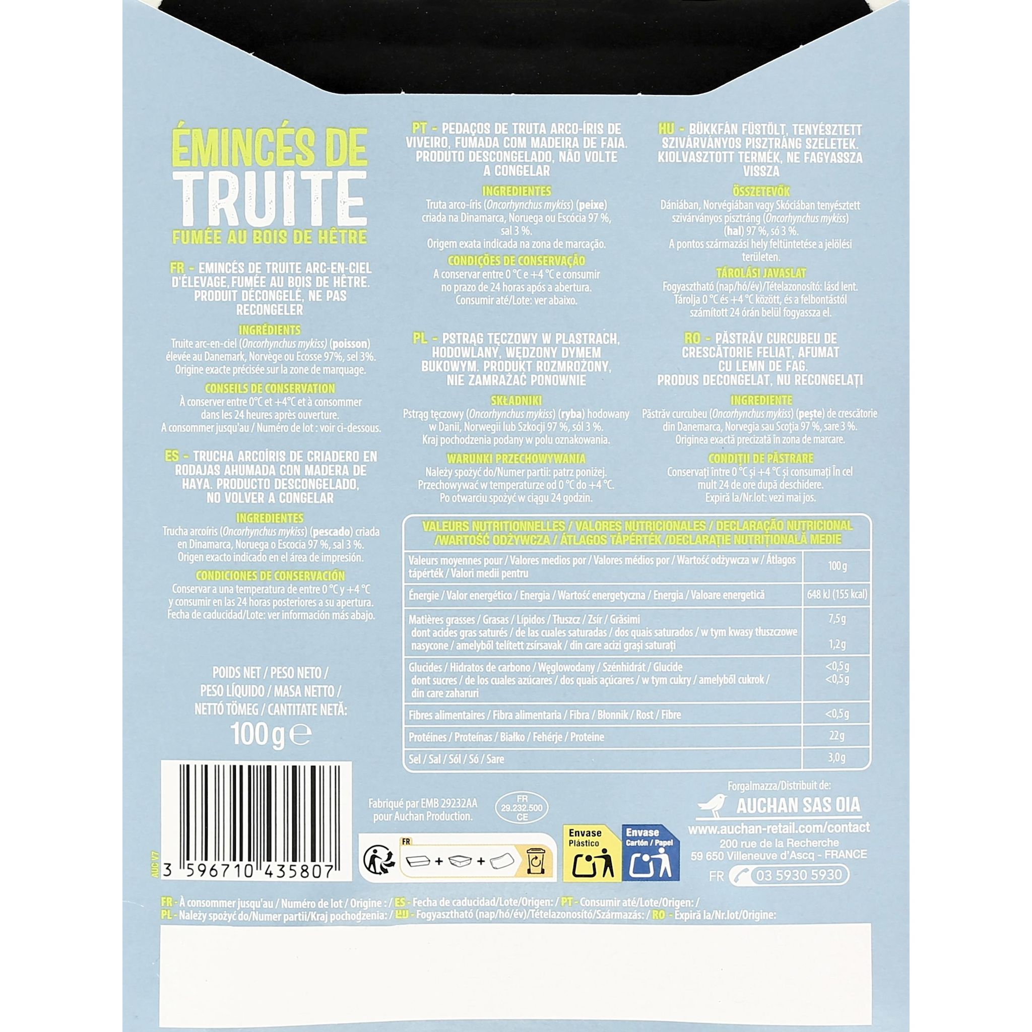 Voir la diapositive 2 : AUCHAN Emincés de truite fumé au bois de hêtre 6 pièces 100g