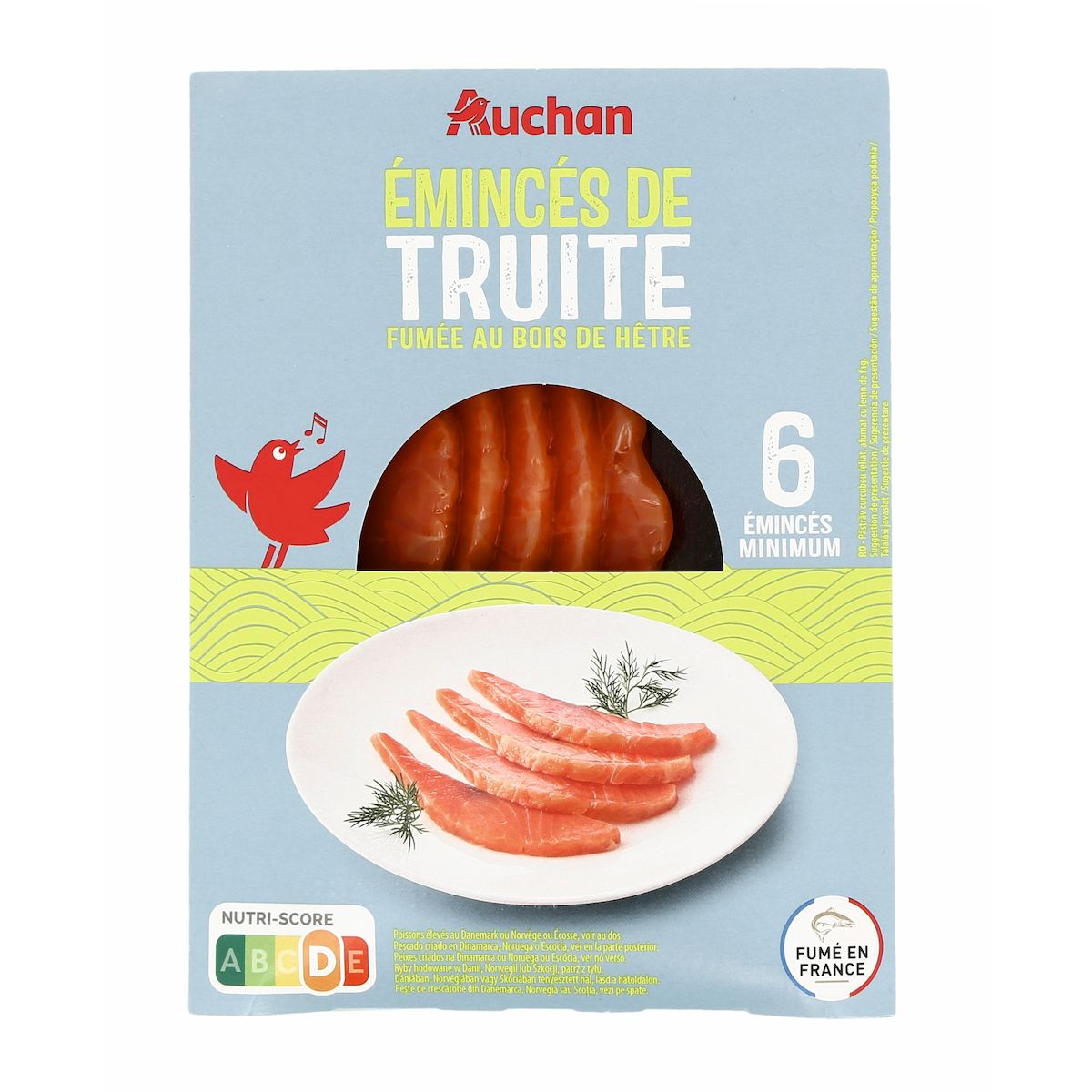 AUCHAN Emincés de truite fumé au bois de hêtre 6 pièces 100g