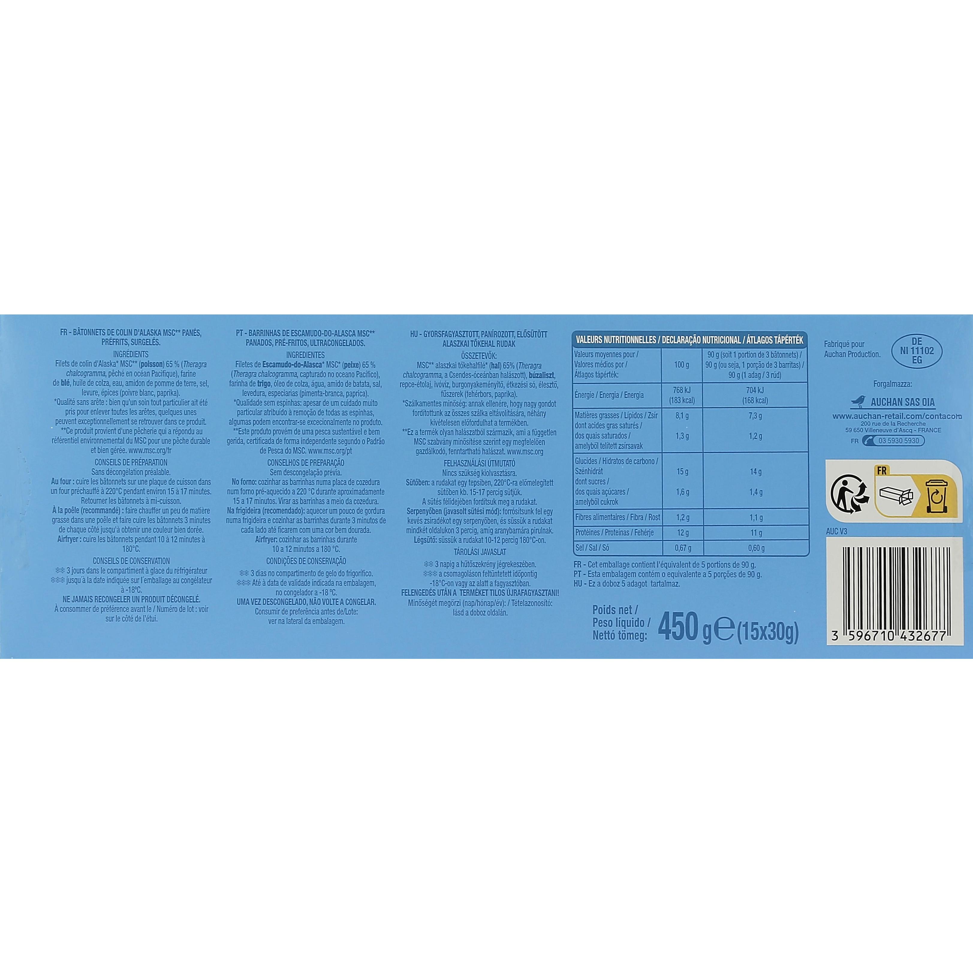 Voir la diapositive 2 : AUCHAN Bâtonnet panés de filets de colin d'Alaska MSC 15 pièces 450g