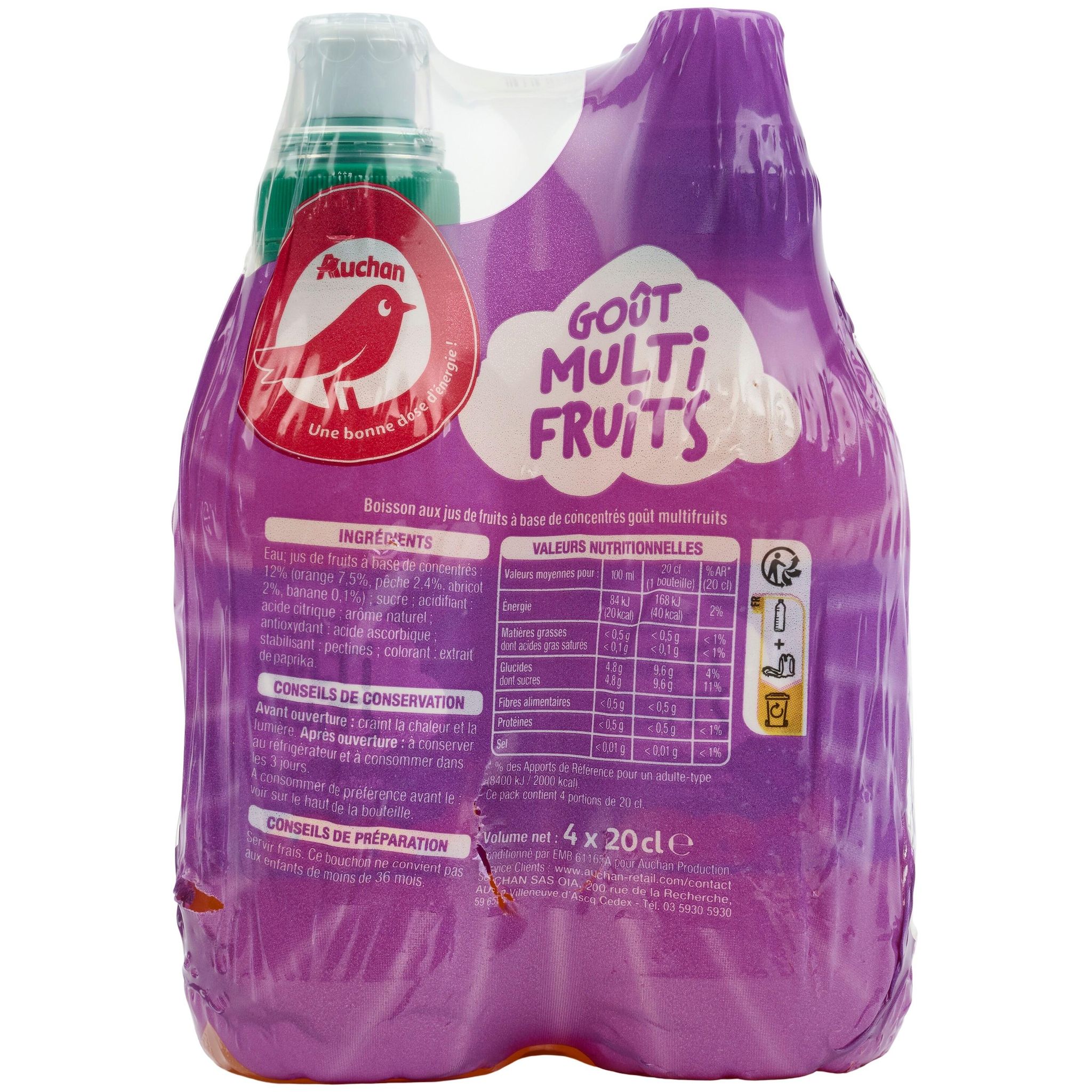 Voir la diapositive 2 : AUCHAN Boisson aux jus de fruits goût multifruits bouteilles bouchon sport 4x20cl