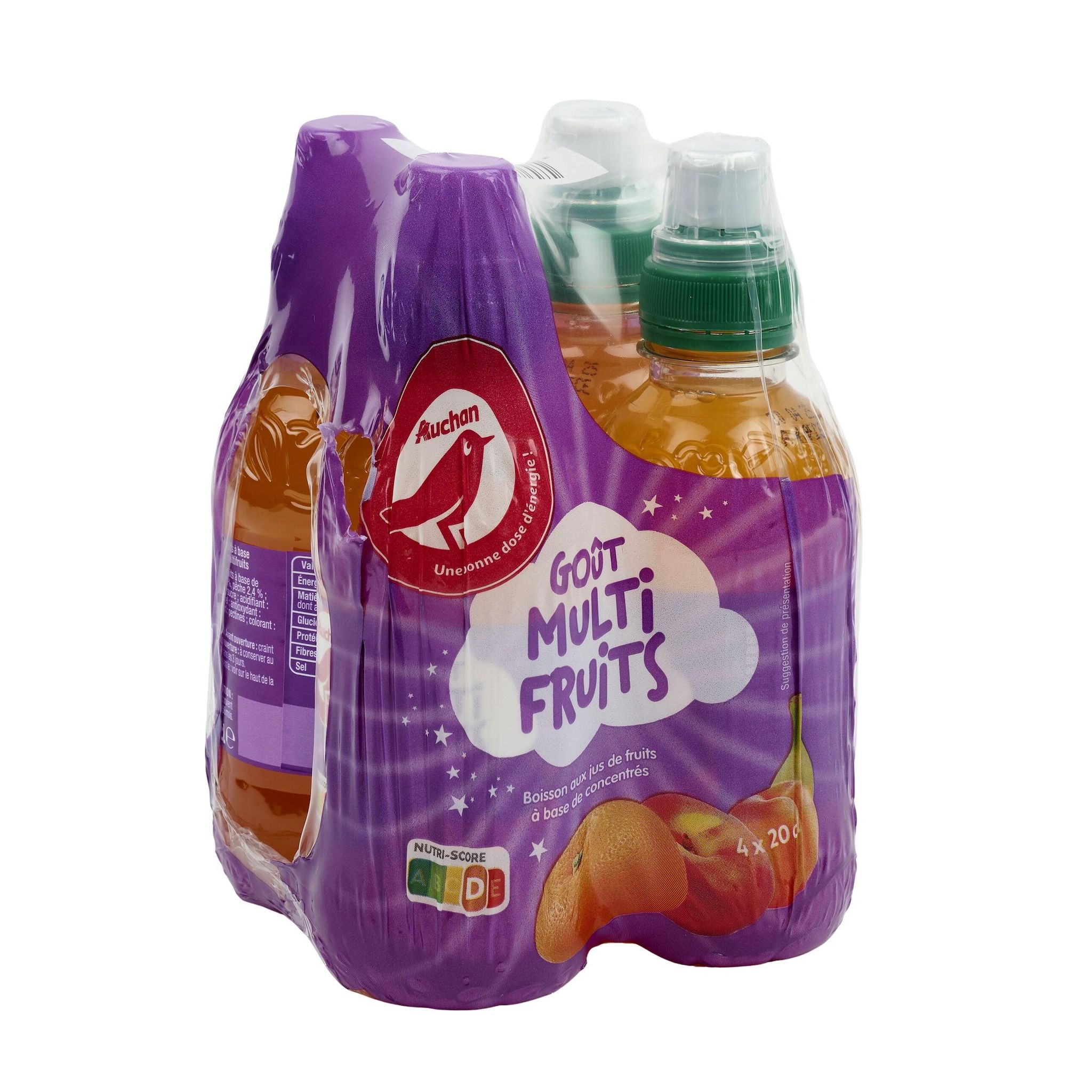 Voir la diapositive 3 : AUCHAN Boisson aux jus de fruits goût multifruits bouteilles bouchon sport 4x20cl