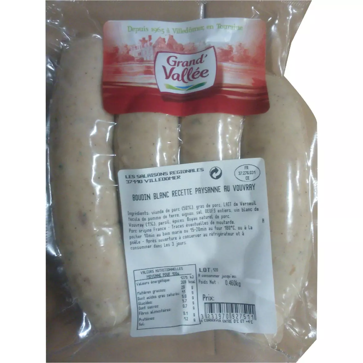 GRAND'VALLEE Boudin blanc recette paysanne au vouvray 4 boudins 460g