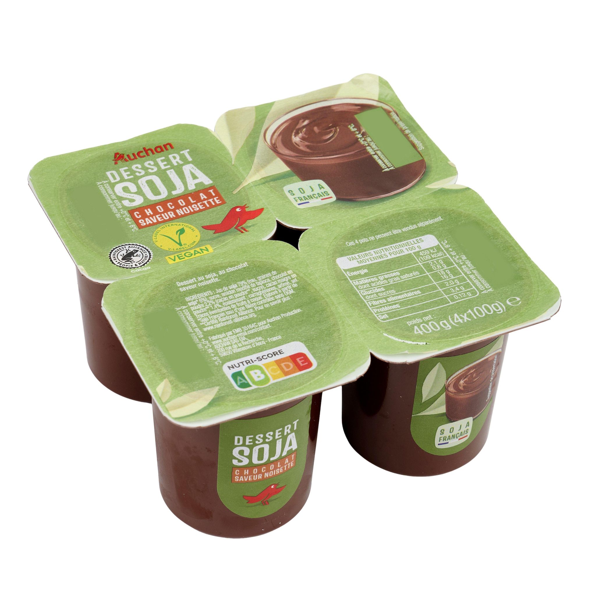 Voir la diapositive 2 : AUCHAN Dessert végétal au soja et au chocolat saveur noisette 4x100g