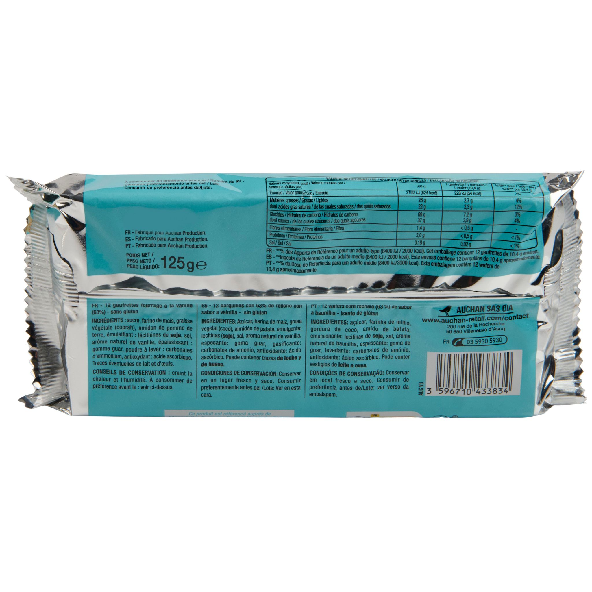 Voir la diapositive 3 : AUCHAN Gaufrettes vanille sans gluten 12 gaufrettes 125g