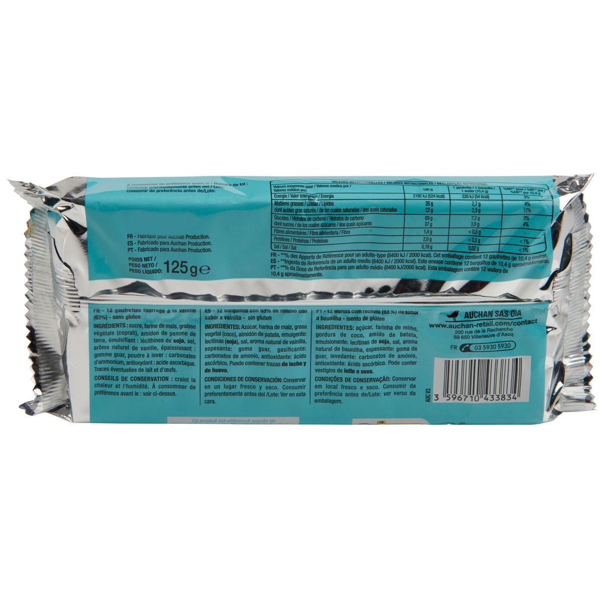 AUCHAN Gaufrettes vanille sans gluten 12 gaufrettes 125g