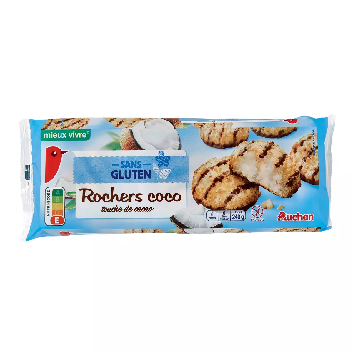 AUCHAN MIEUX VIVRE Biscuits rochers coco sans gluten sachets individuels 6 biscuits 240g