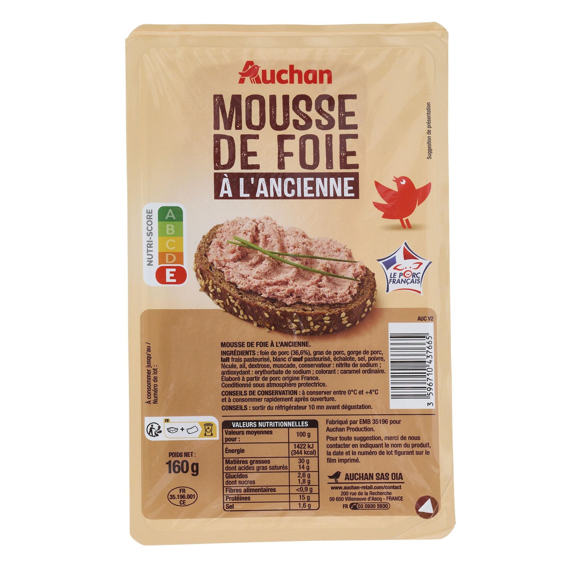 Voir la diapositive 2 : AUCHAN Mousse de foie à l'ancienne 160g