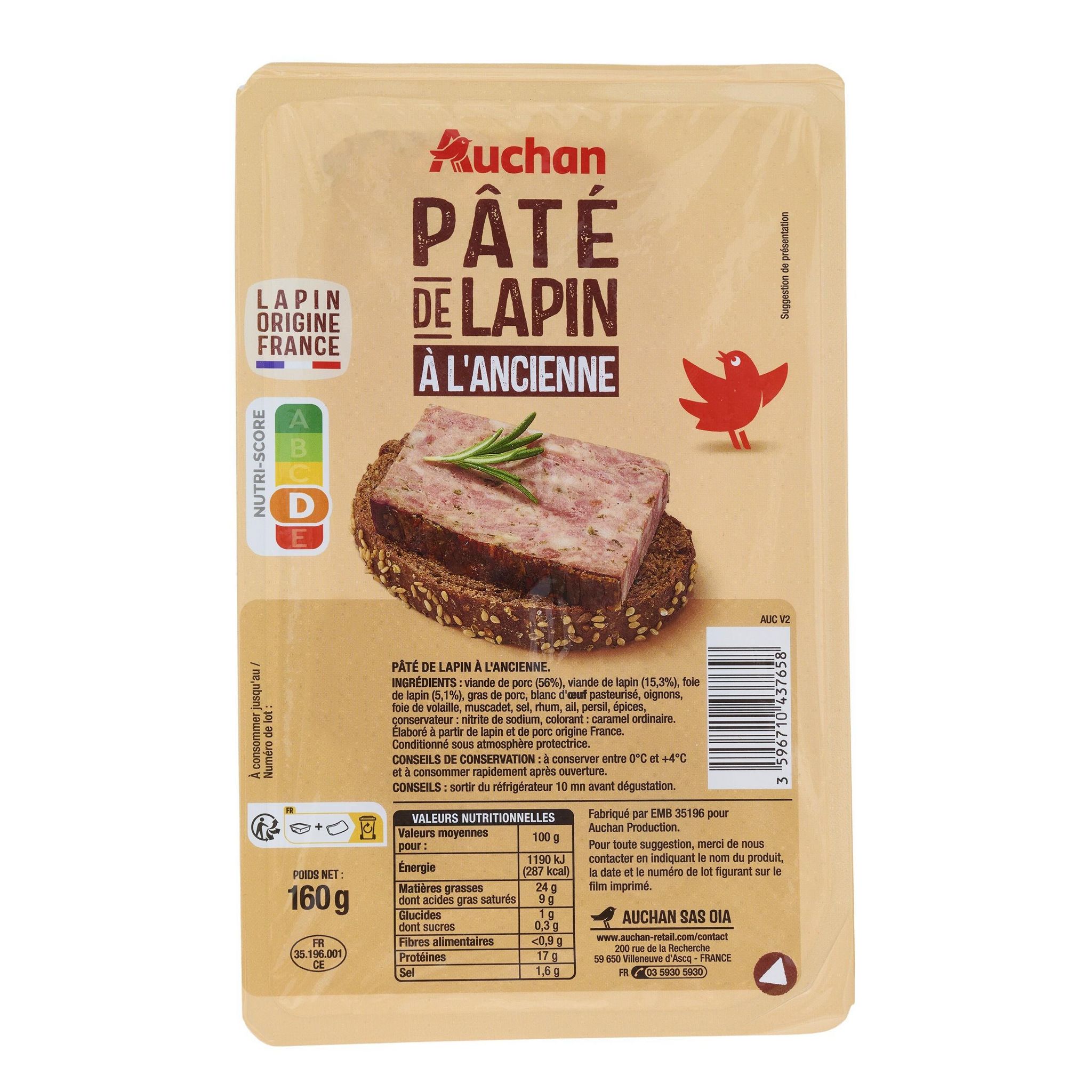 Voir la diapositive 2 : AUCHAN Pâté de lapin à l'ancienne 160g
