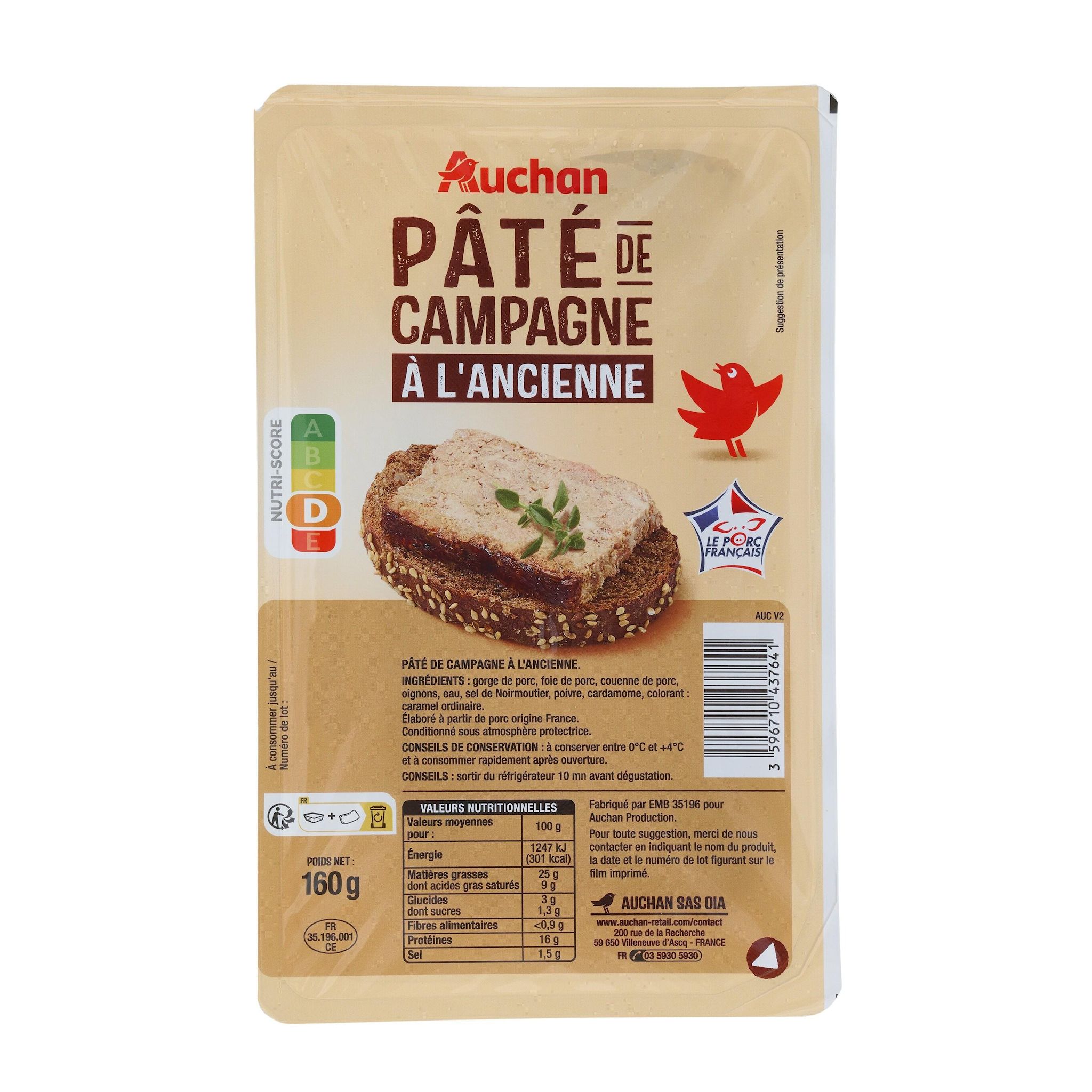 Voir la diapositive 3 : AUCHAN Pâté de campagne à l'ancienne 160g