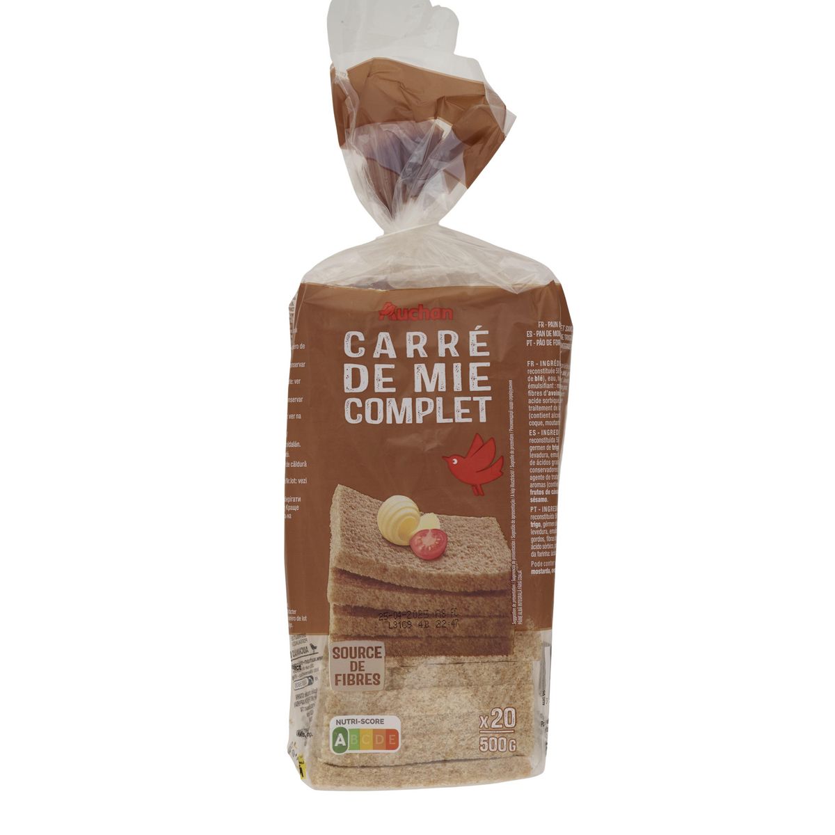 AUCHAN Pain de mie complet sans croûte sans huile de palme 20 tranches 500g