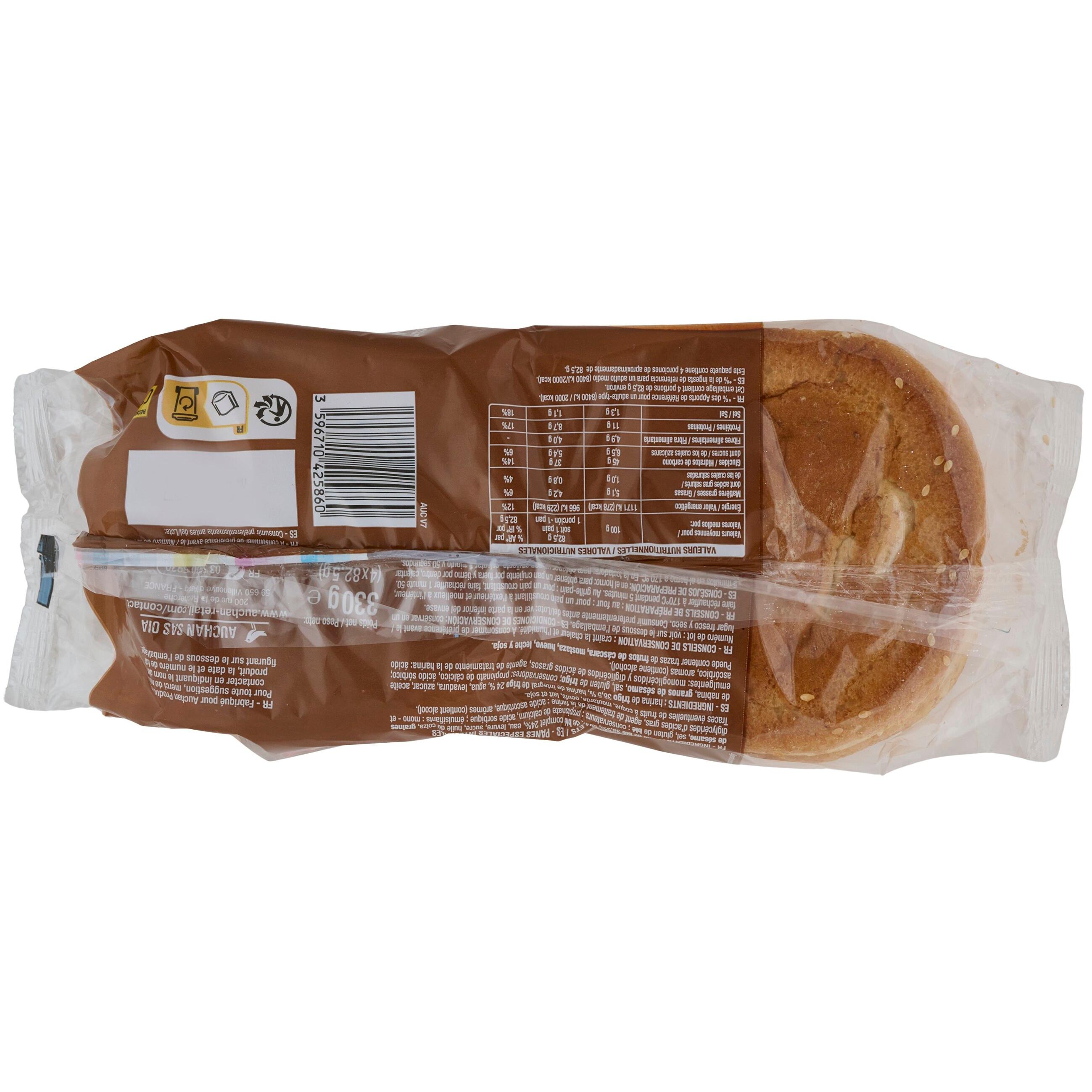 Voir la diapositive 4 : AUCHAN Pain burger maxi complet 4 pièces 330g