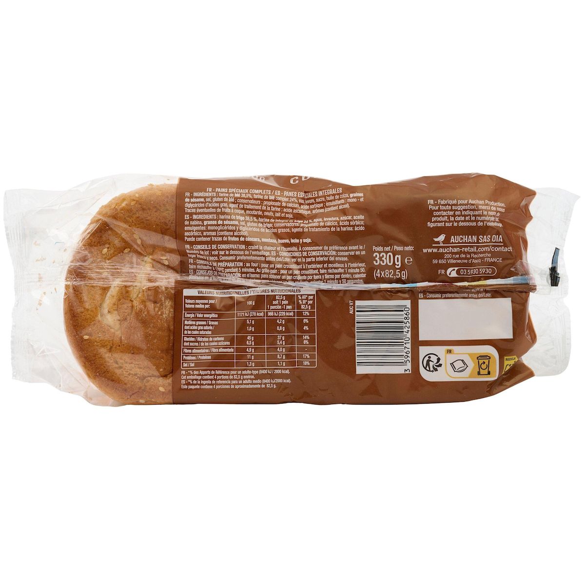 AUCHAN Pain burger maxi complet 4 pièces 330g