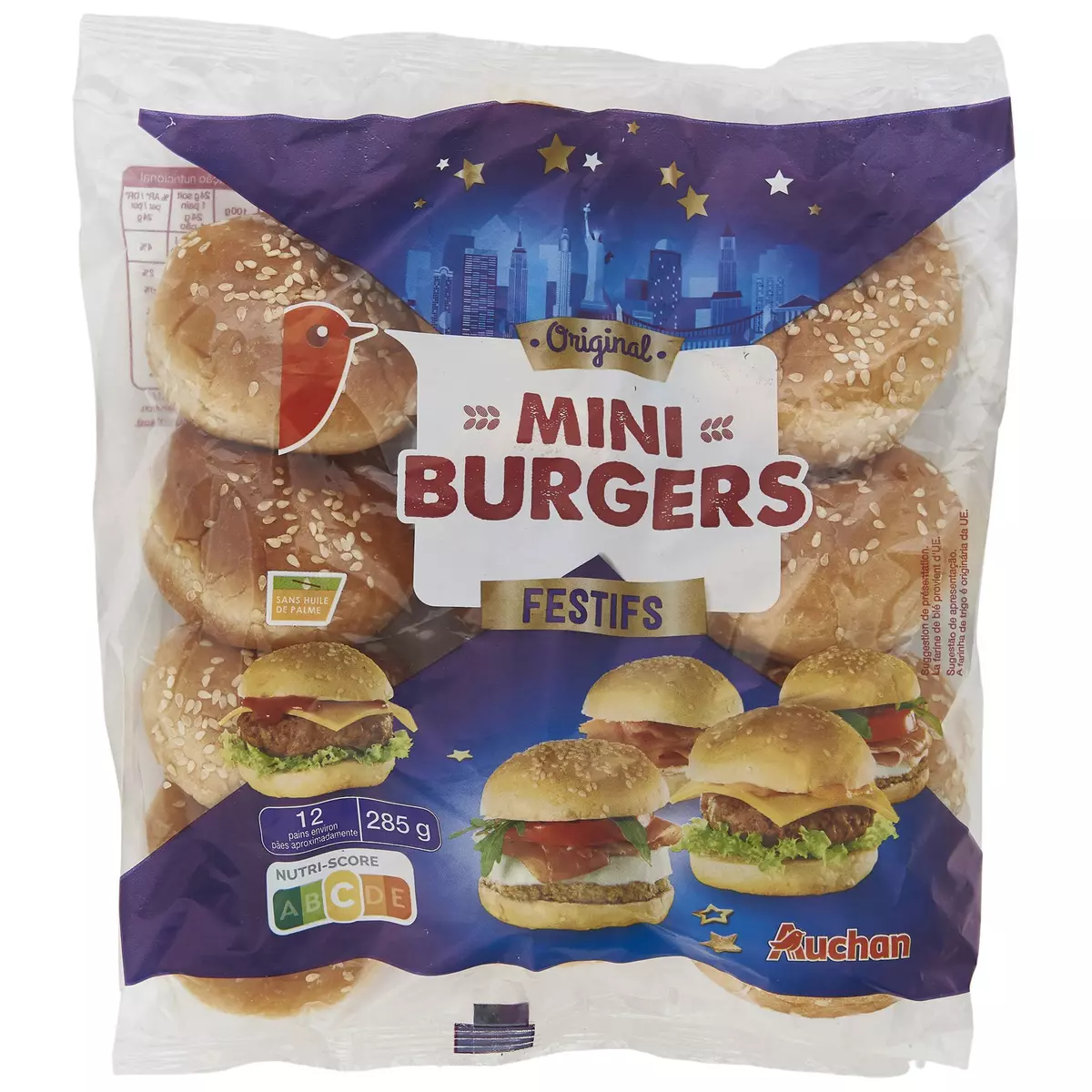 AUCHAN Pain mini hamburger 12 pièces 285g